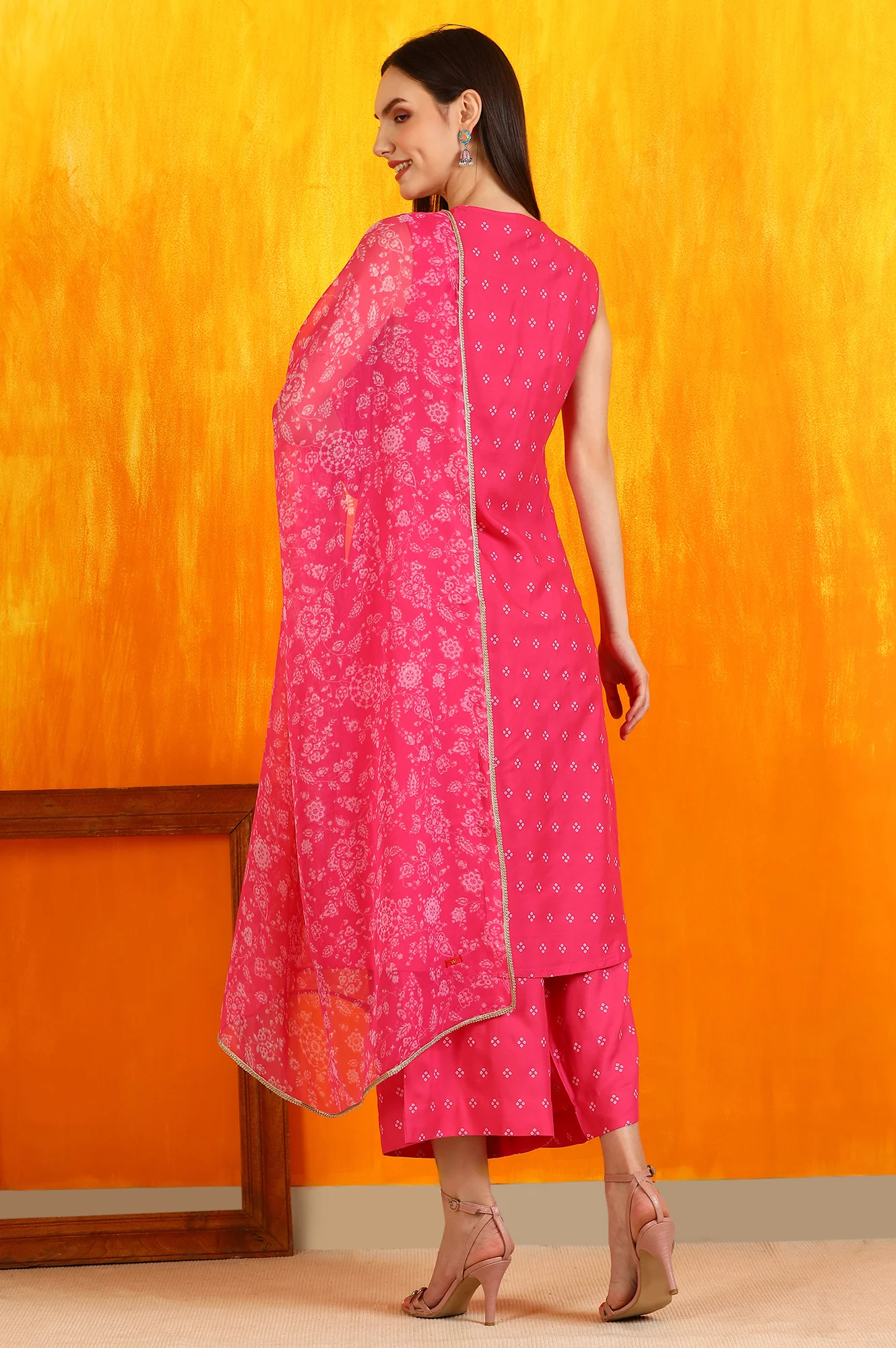 Pink Embroidered Shantung Sleeveless Kurta, Cropped Pants and Dupatta Set - Image 6
