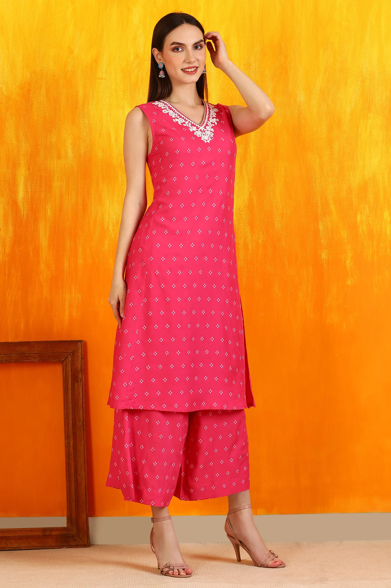 Pink Embroidered Shantung Sleeveless Kurta, Cropped Pants and Dupatta Set - Image 7