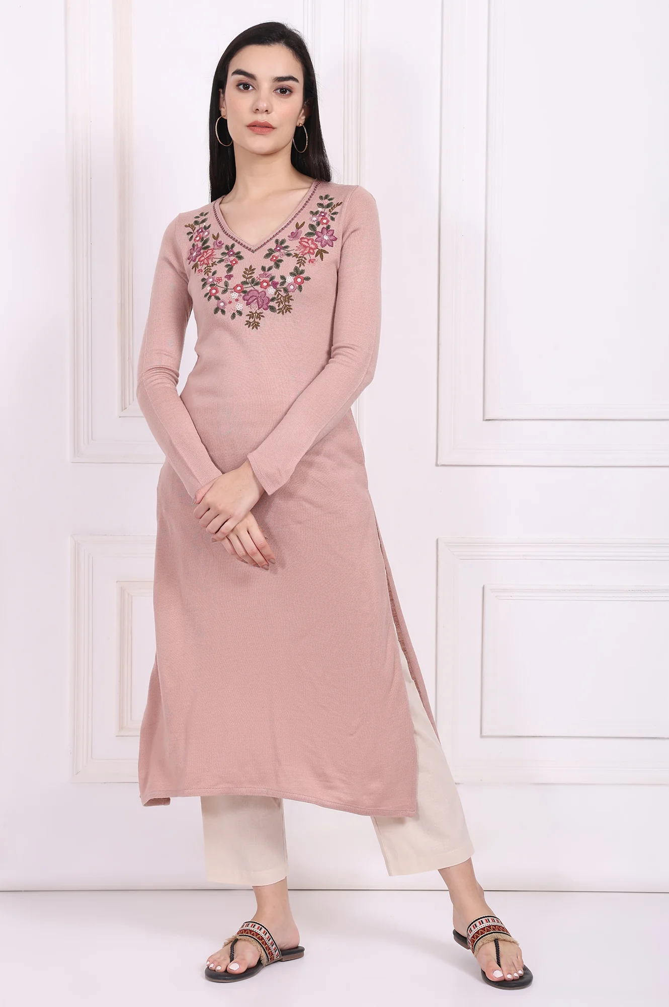 Pink Embroidered Straight Acrylic Winter Kurta - Image 2