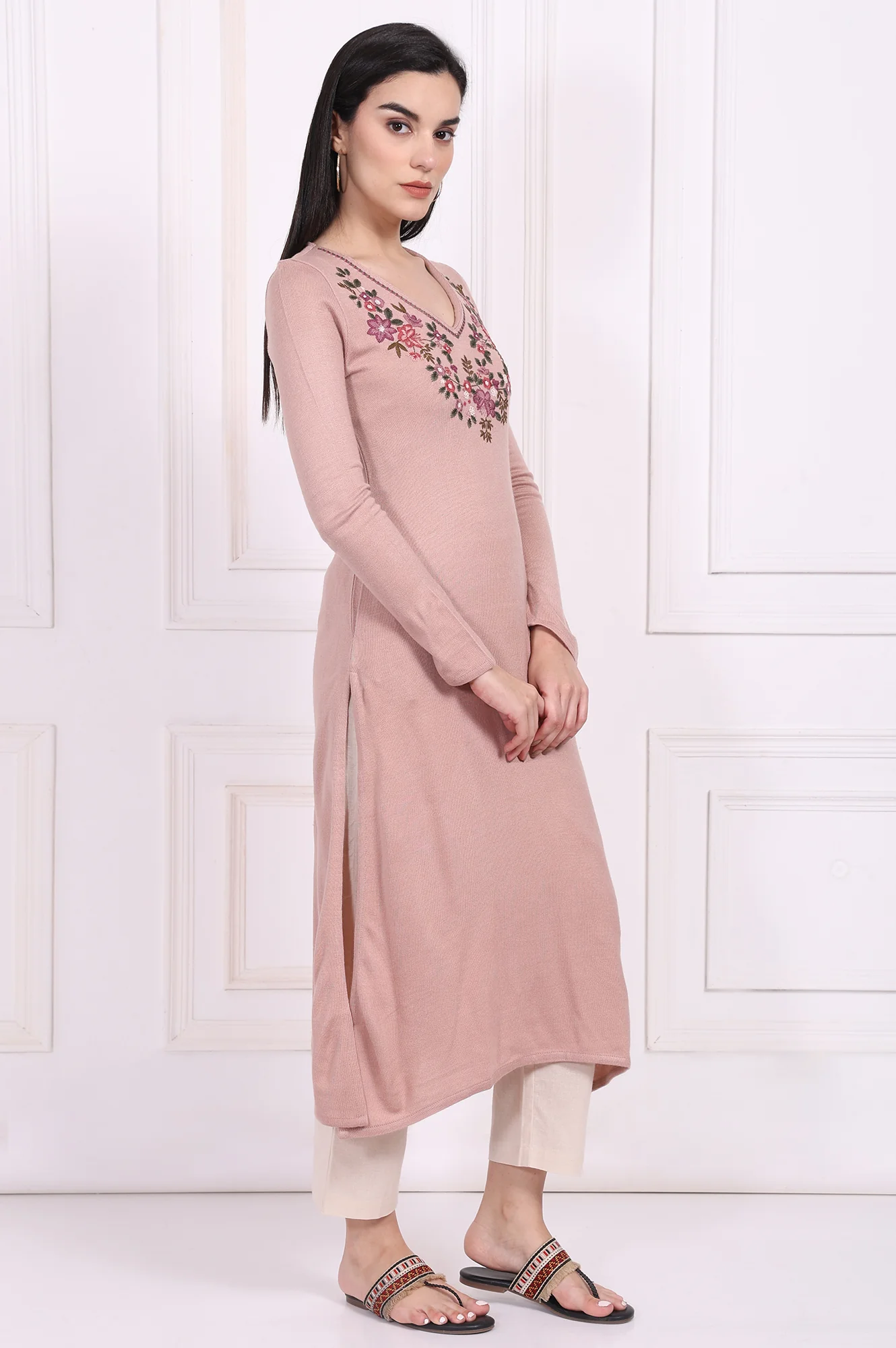 Pink Embroidered Straight Acrylic Winter Kurta - Image 6