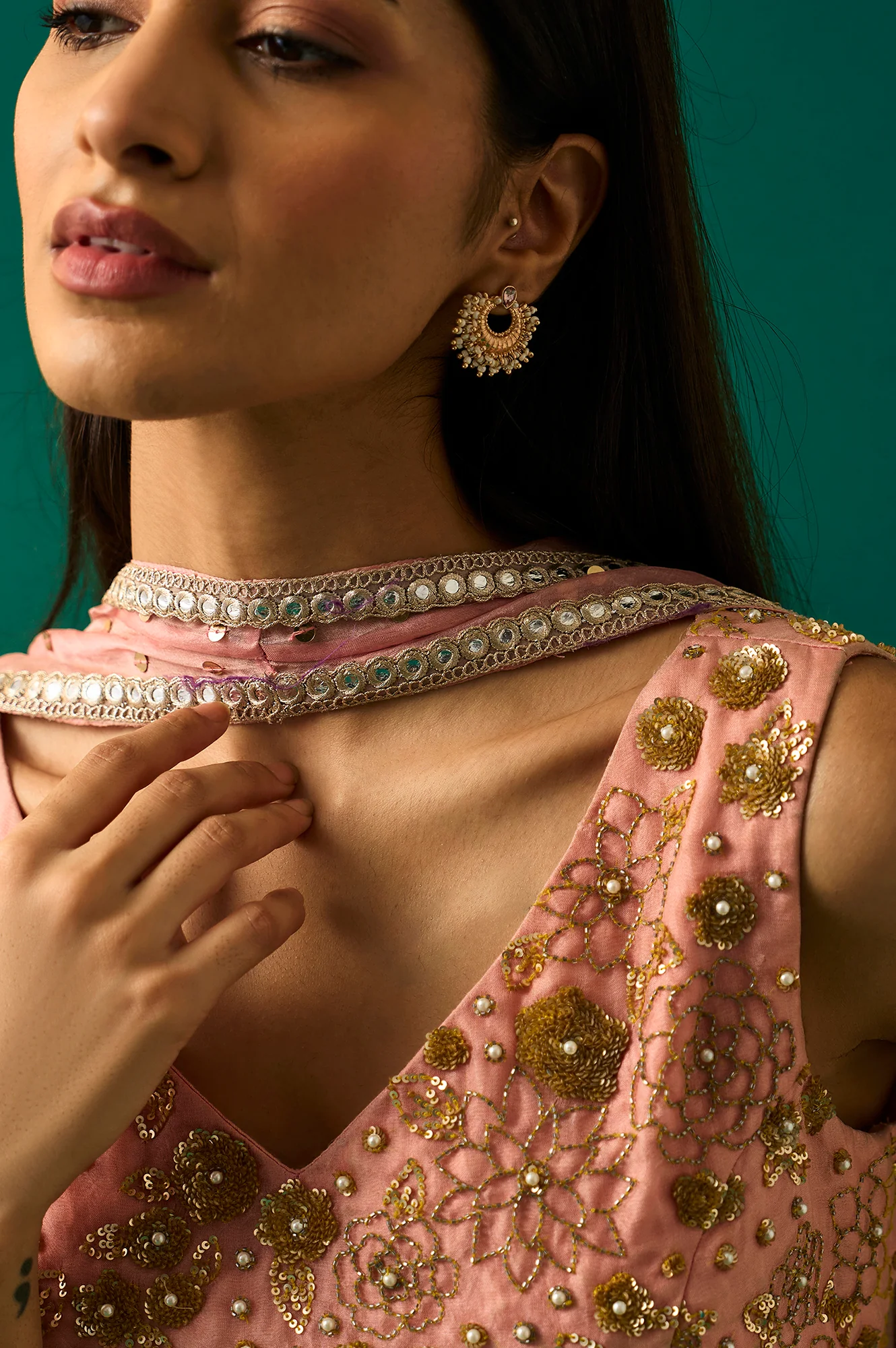 Pink Embroidered Straight Cut Blouse with Skirt and Dupatta Set - Image 6