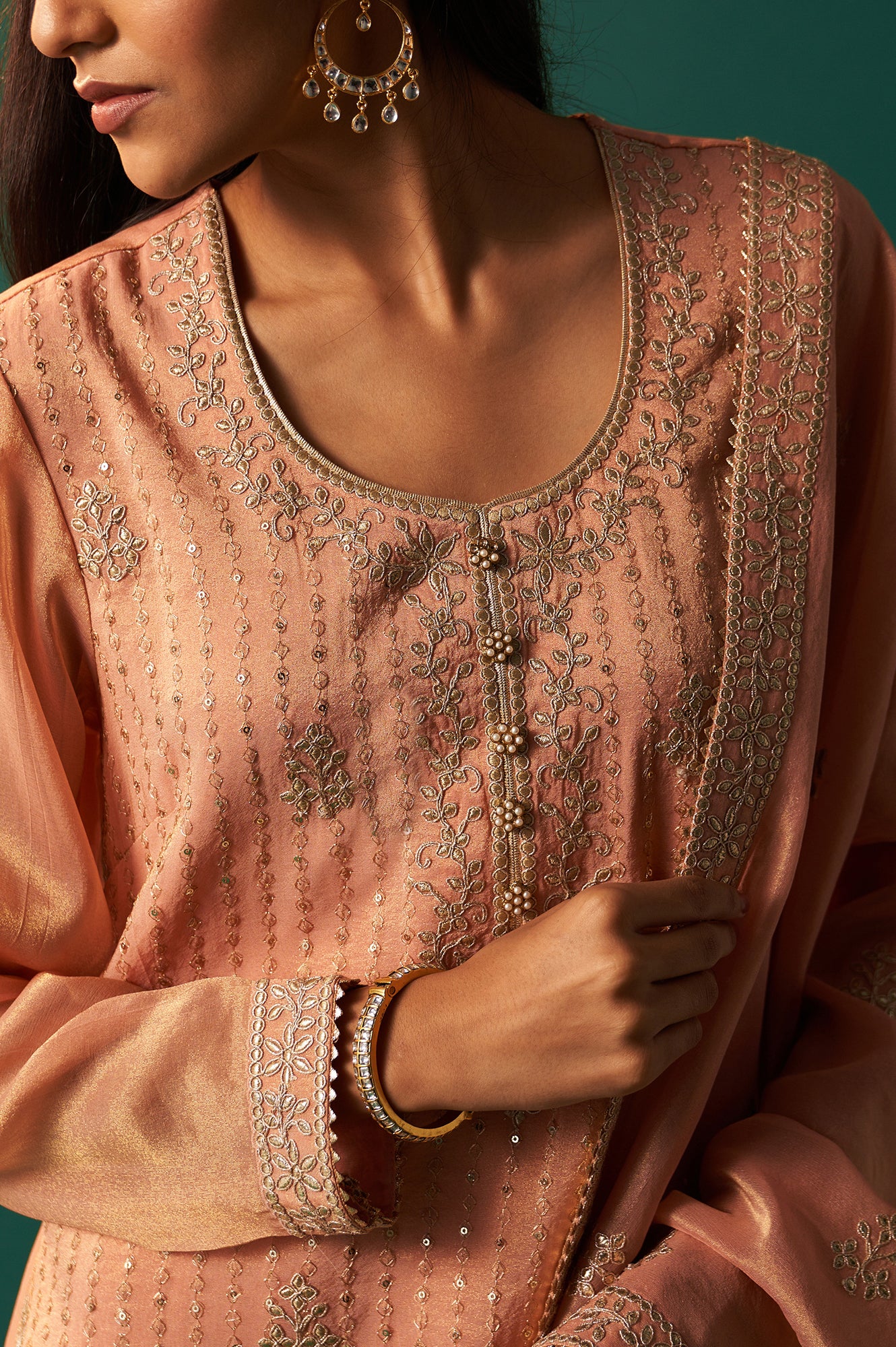 Pink Dori Embroidered Straight Tissue Organza Kurta with Culotte and Dupatta Set - Image 2