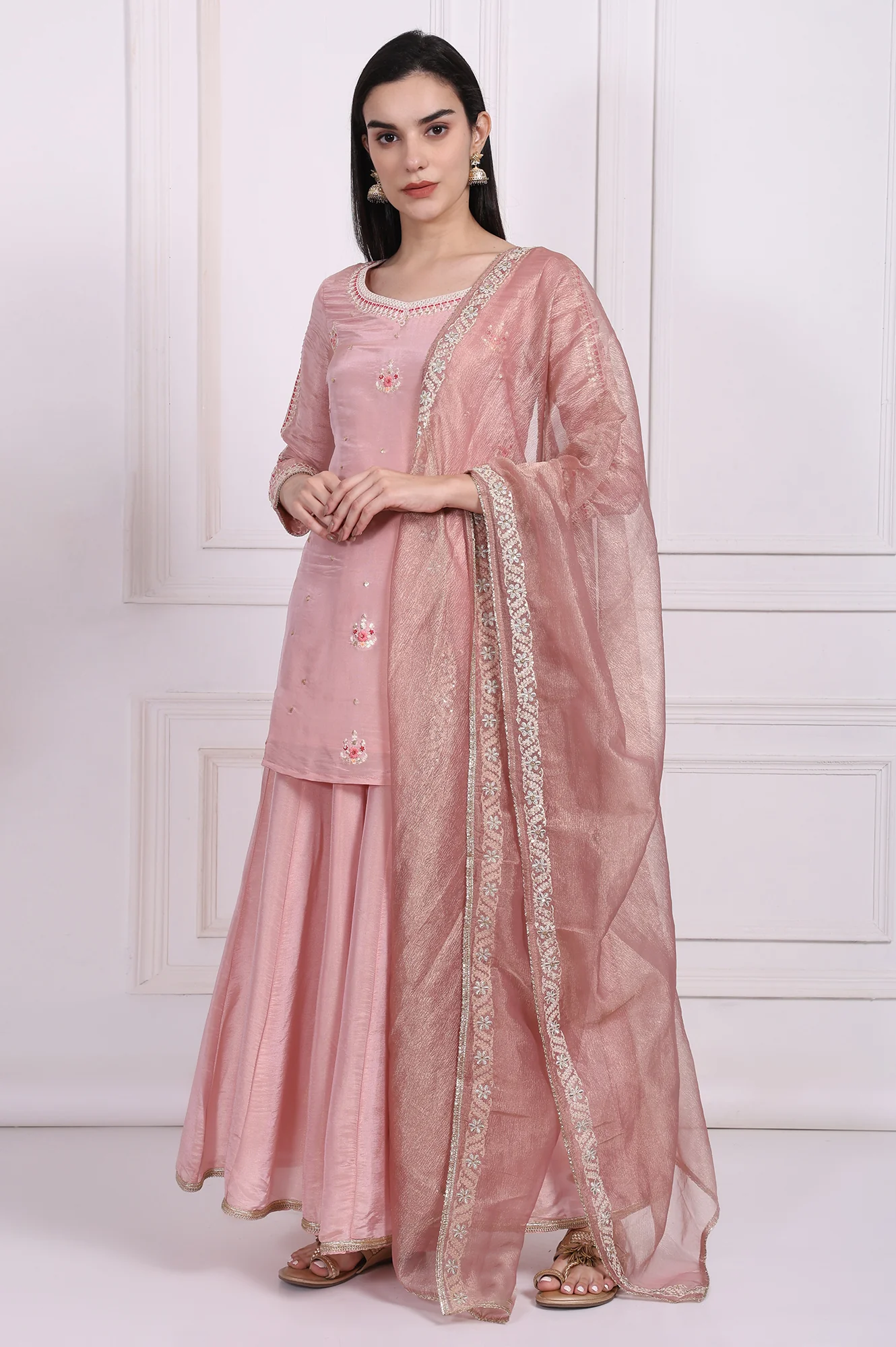 Pink Embroidered Straight Tissue Kurta with Culotte and Dupatta Set - Image 3