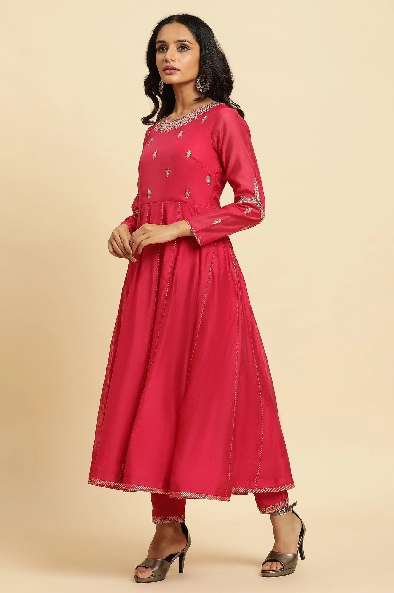 Pink Flared Embroidered Kurta, Pants And Dupatta Set - Image 5