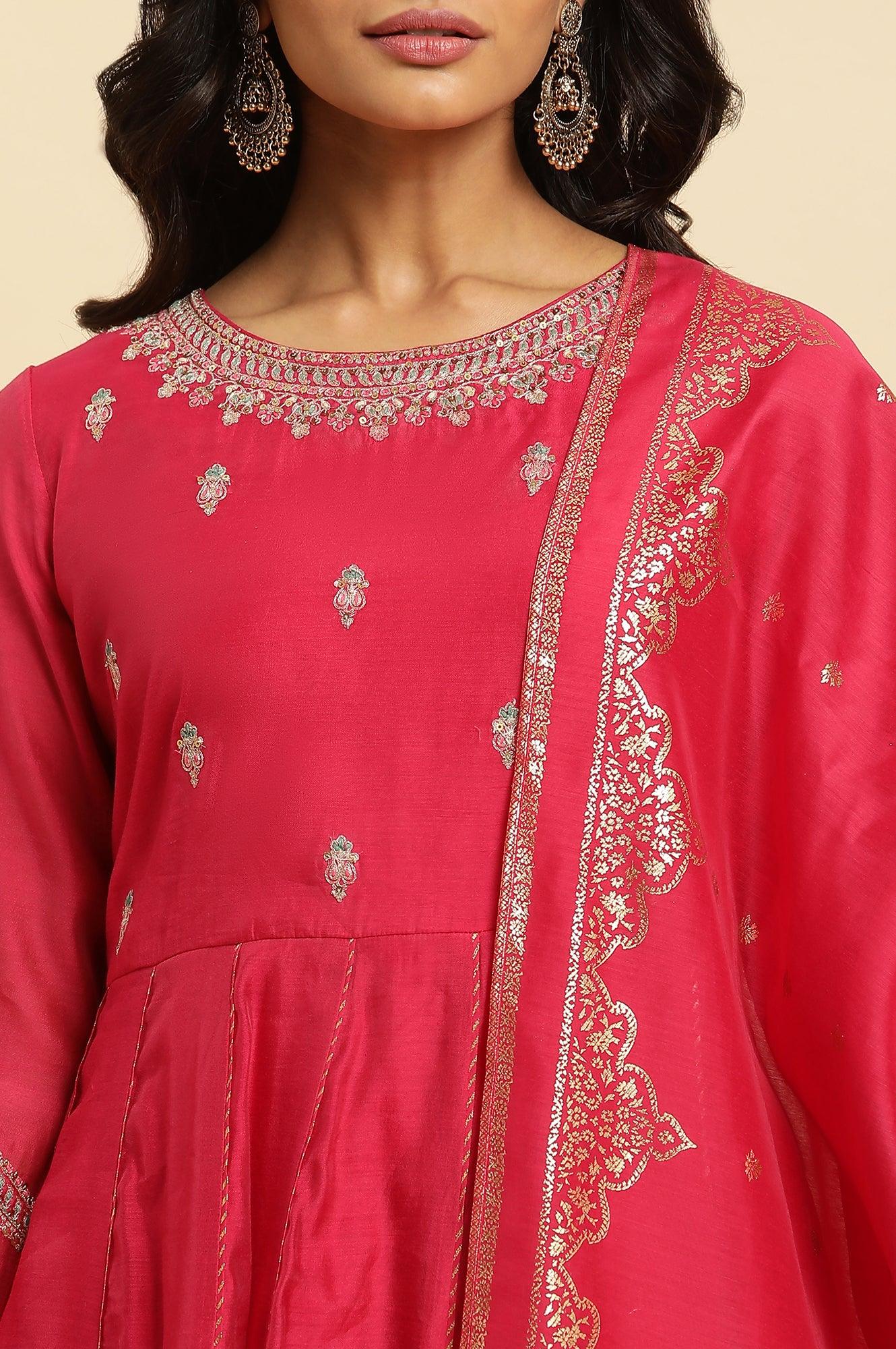 Pink Flared Embroidered Kurta, Pants And Dupatta Set - Image 6