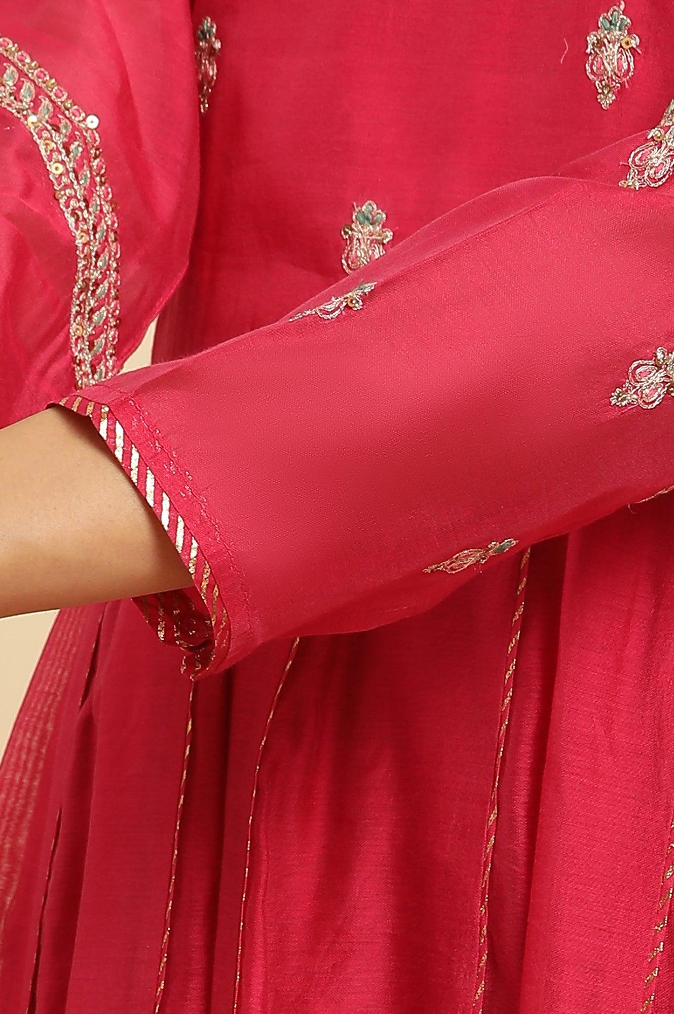 Pink Flared Embroidered Kurta, Pants And Dupatta Set - Image 7