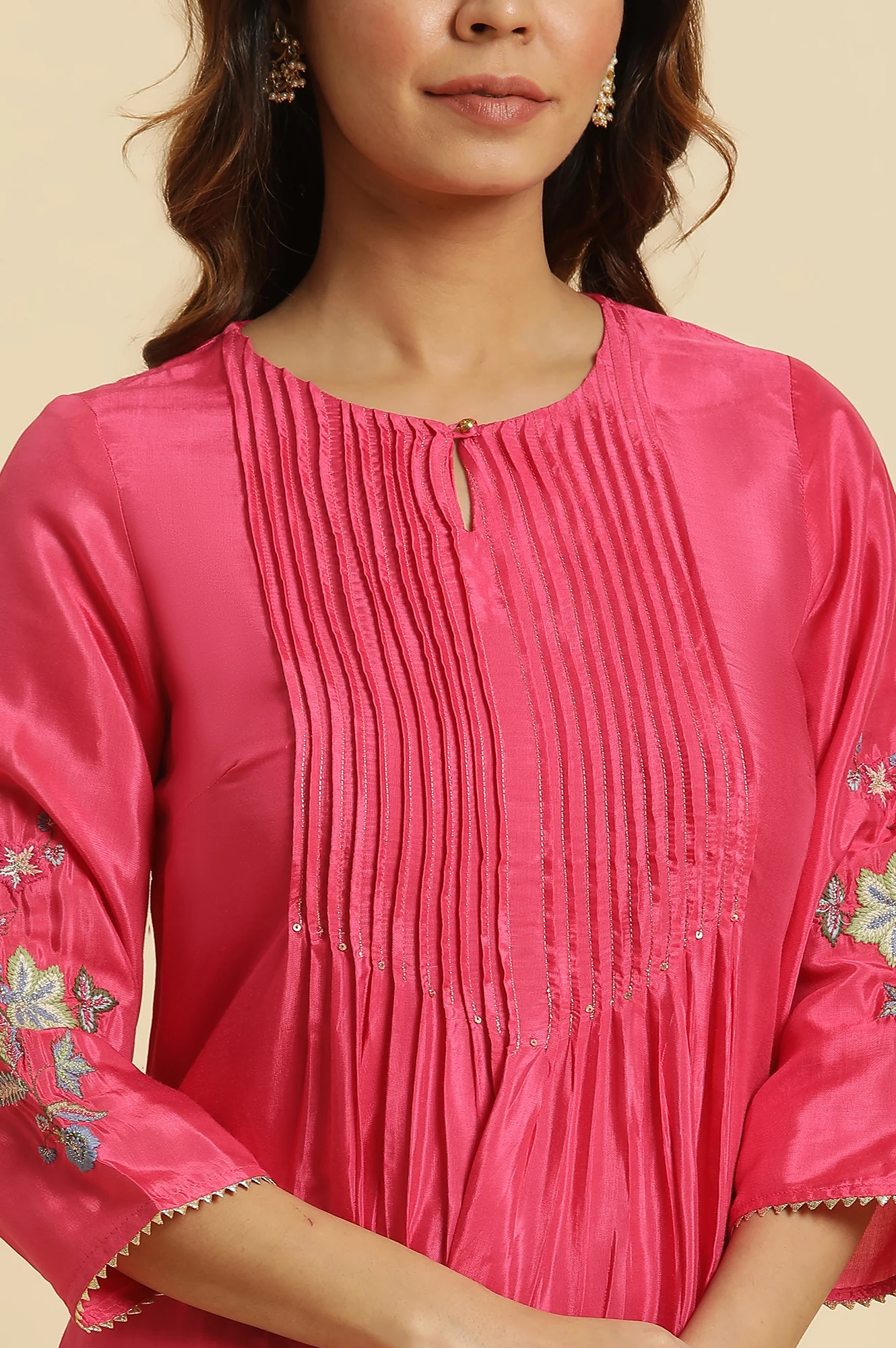 Pink Floral Embroidered Festive Kurta - Image 6