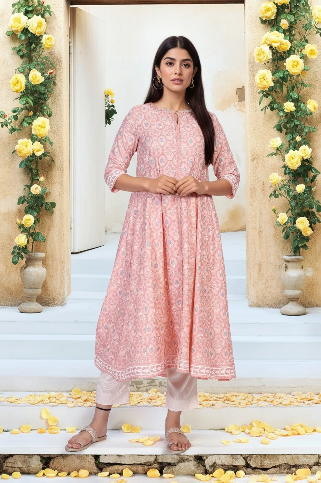 Pink Floral Ethnic Printed Embellished A-Line Rayon Kurta - Image 2