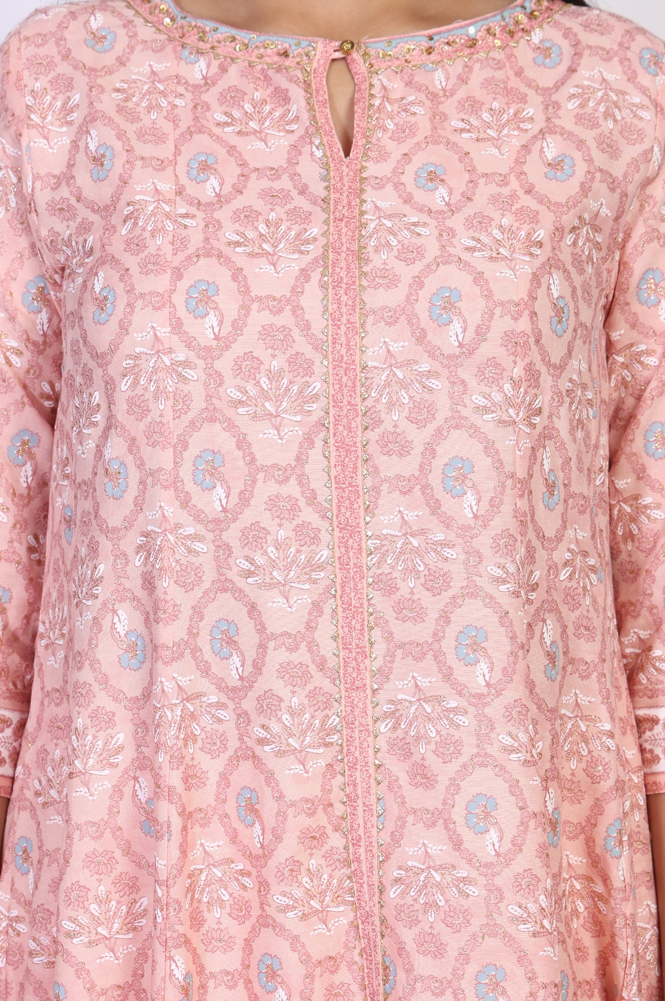 Pink Floral Ethnic Printed Embellished A-Line Rayon Kurta - Image 3