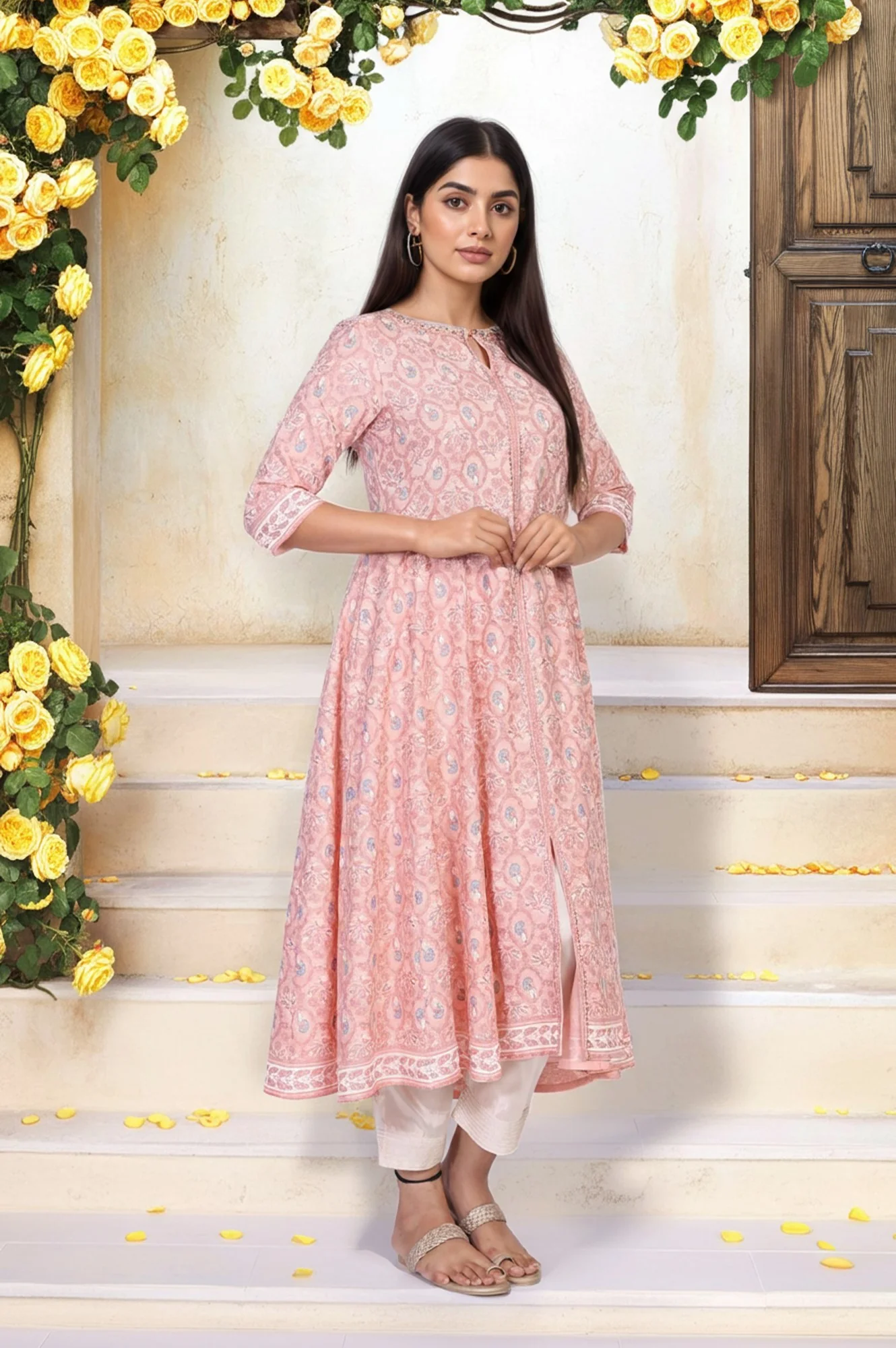 Pink Floral Ethnic Printed Embellished A-Line Rayon Kurta - Image 4