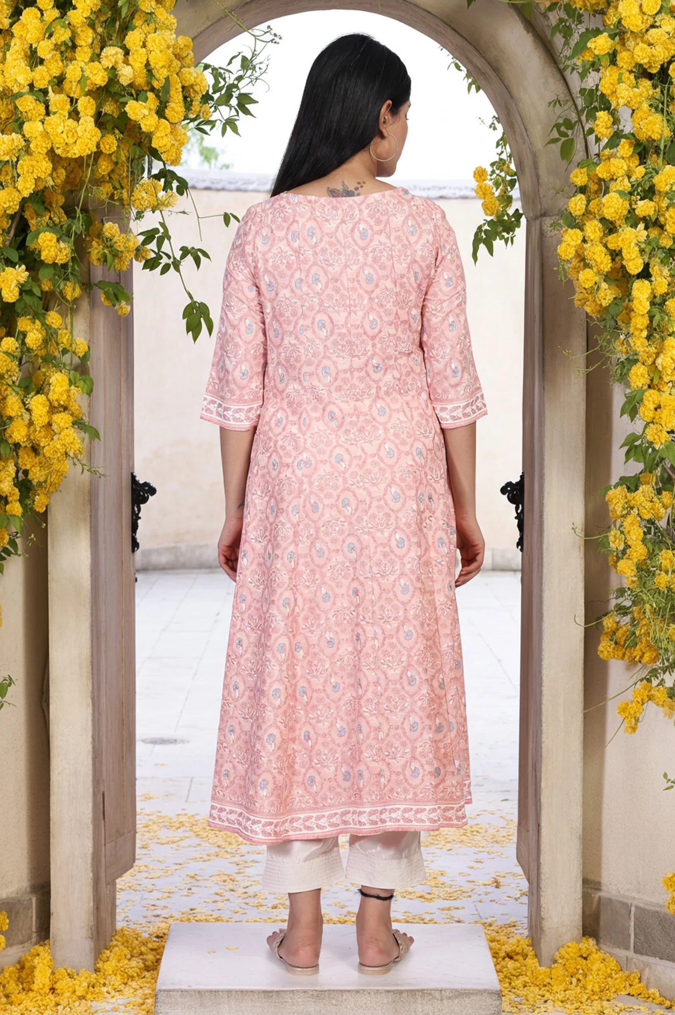 Pink Floral Ethnic Printed Embellished A-Line Rayon Kurta - Image 5