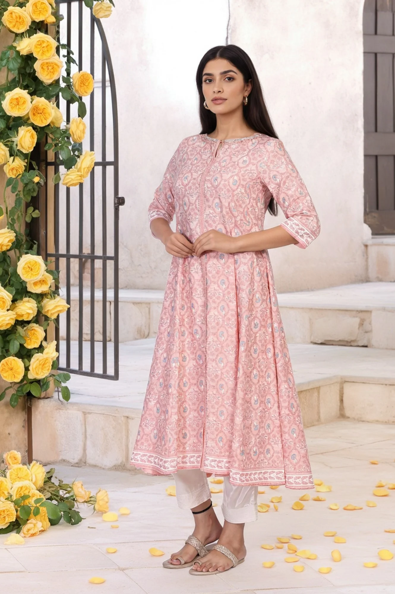 Pink Floral Ethnic Printed Embellished A-Line Rayon Kurta - Image 6