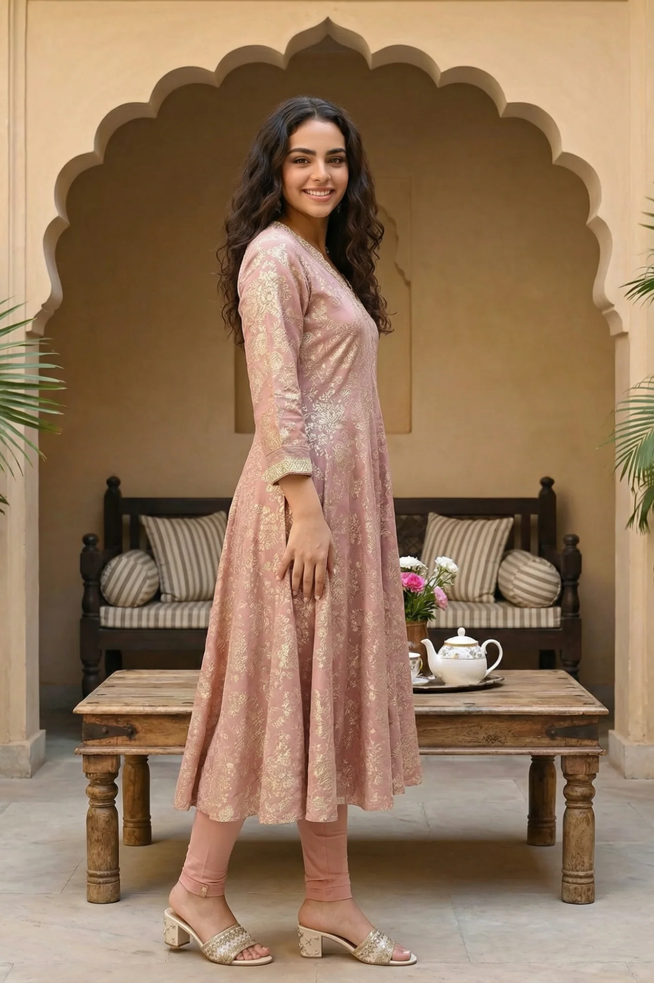 Pink Floral Foil Printed Flared Kurta - Image 3