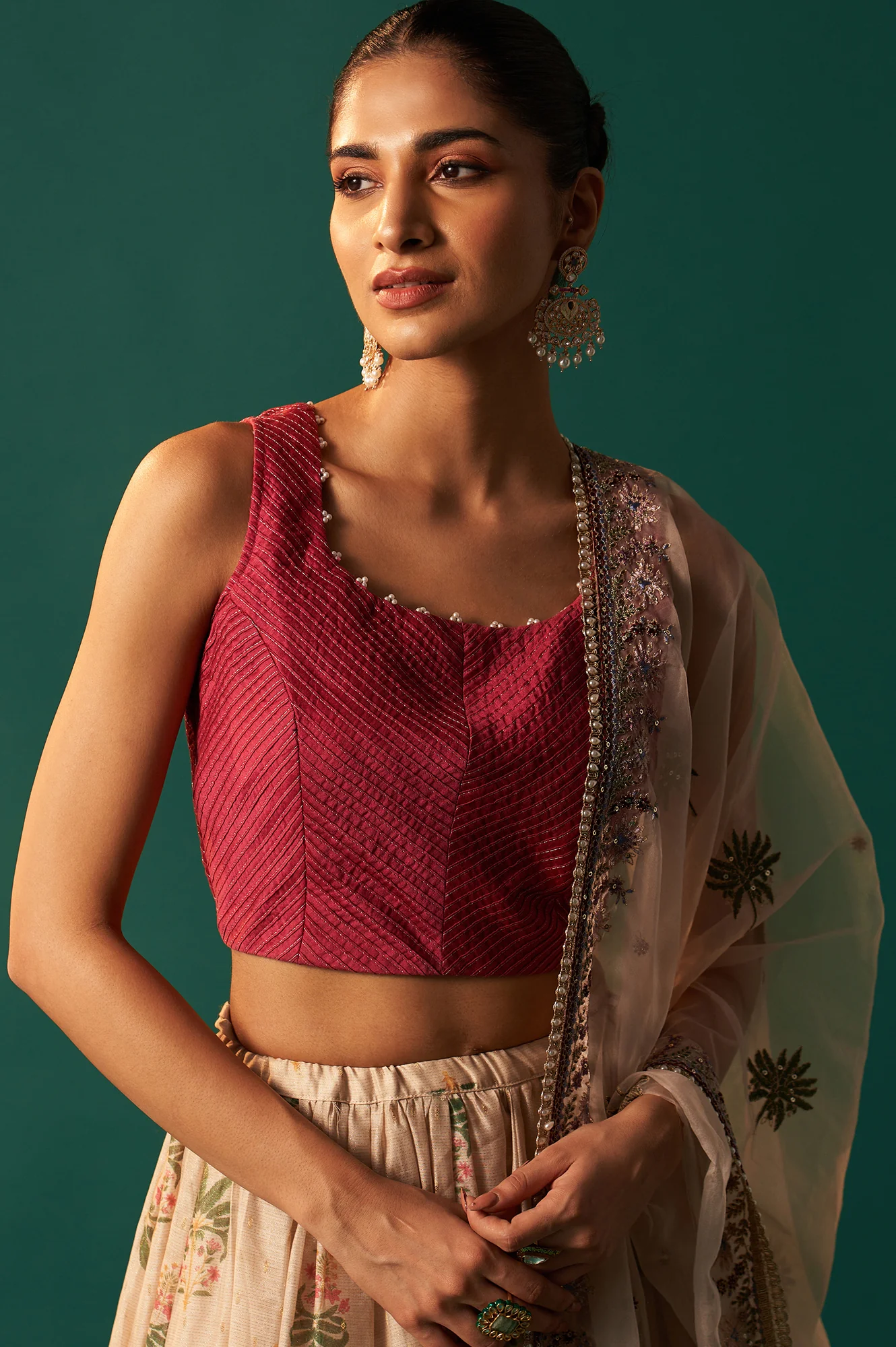 Pink Bead Work Pintuck Blouse with Jacquard Skirt and Dupatta Set - Image 3