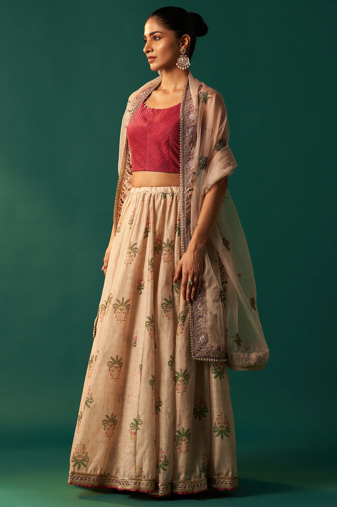Pink Bead Work Pintuck Blouse with Jacquard Skirt and Dupatta Set - Image 4