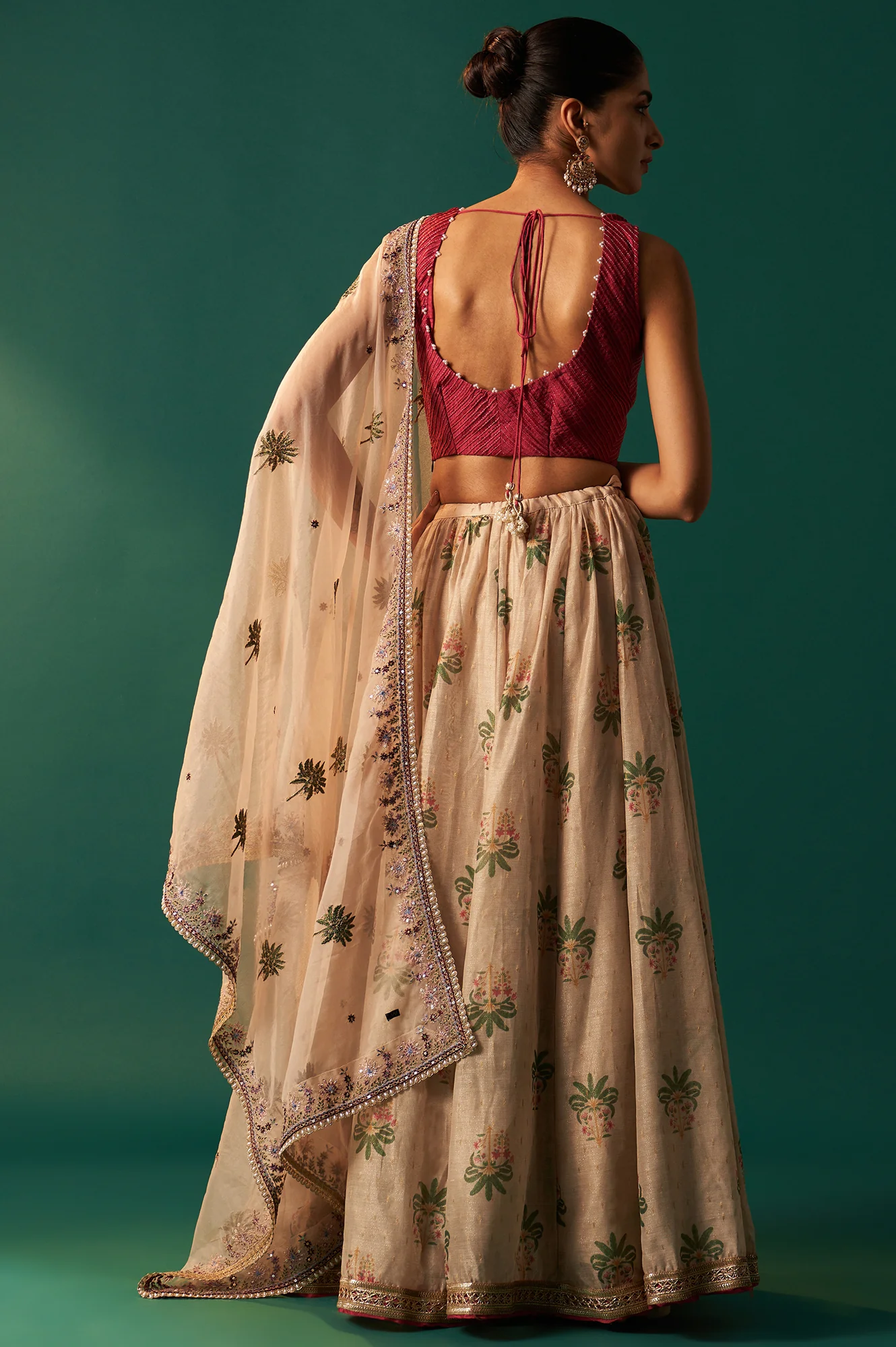 Pink Bead Work Pintuck Blouse with Jacquard Skirt and Dupatta Set - Image 5