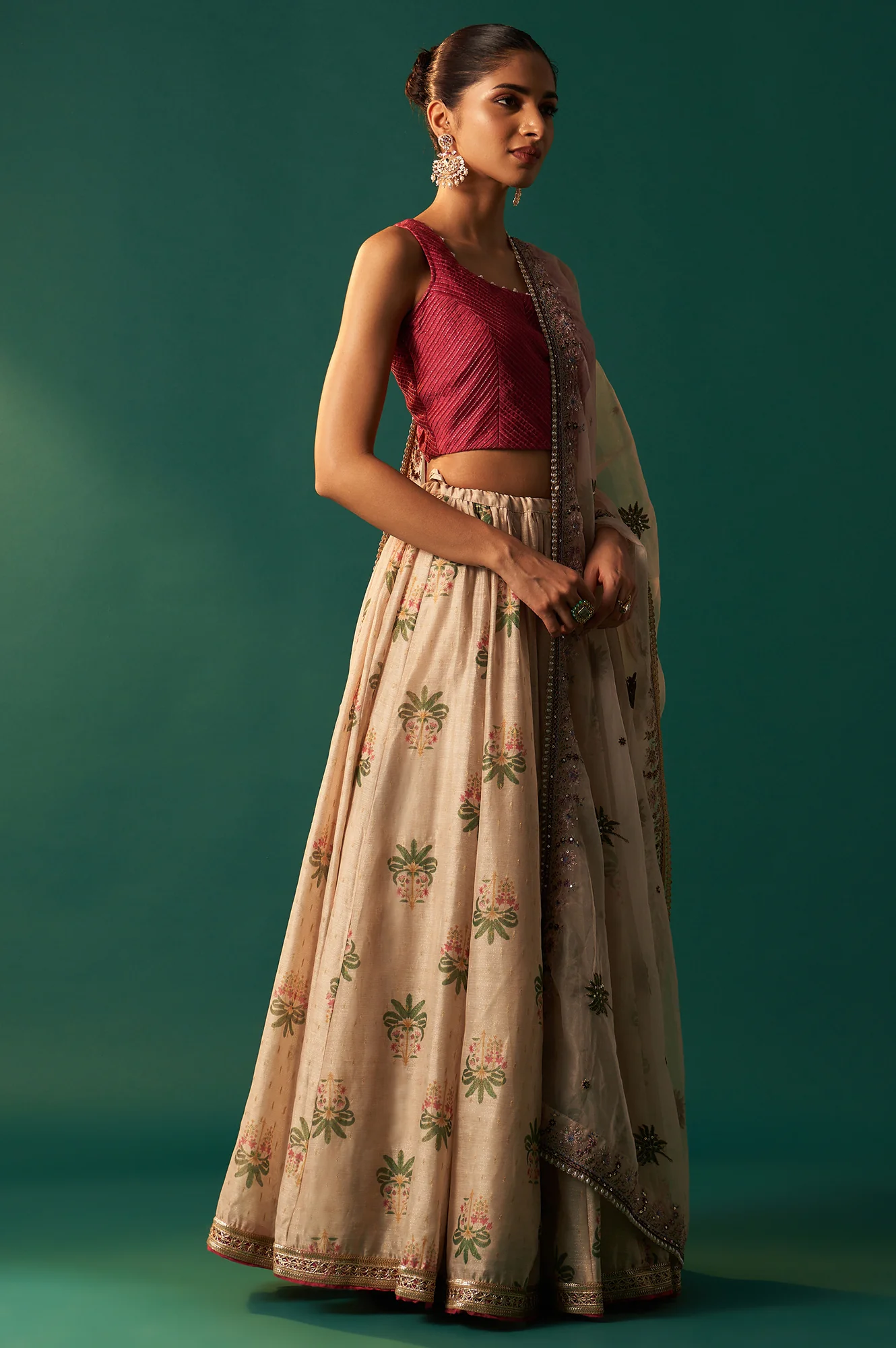Pink Bead Work Pintuck Blouse with Jacquard Skirt and Dupatta Set - Image 6