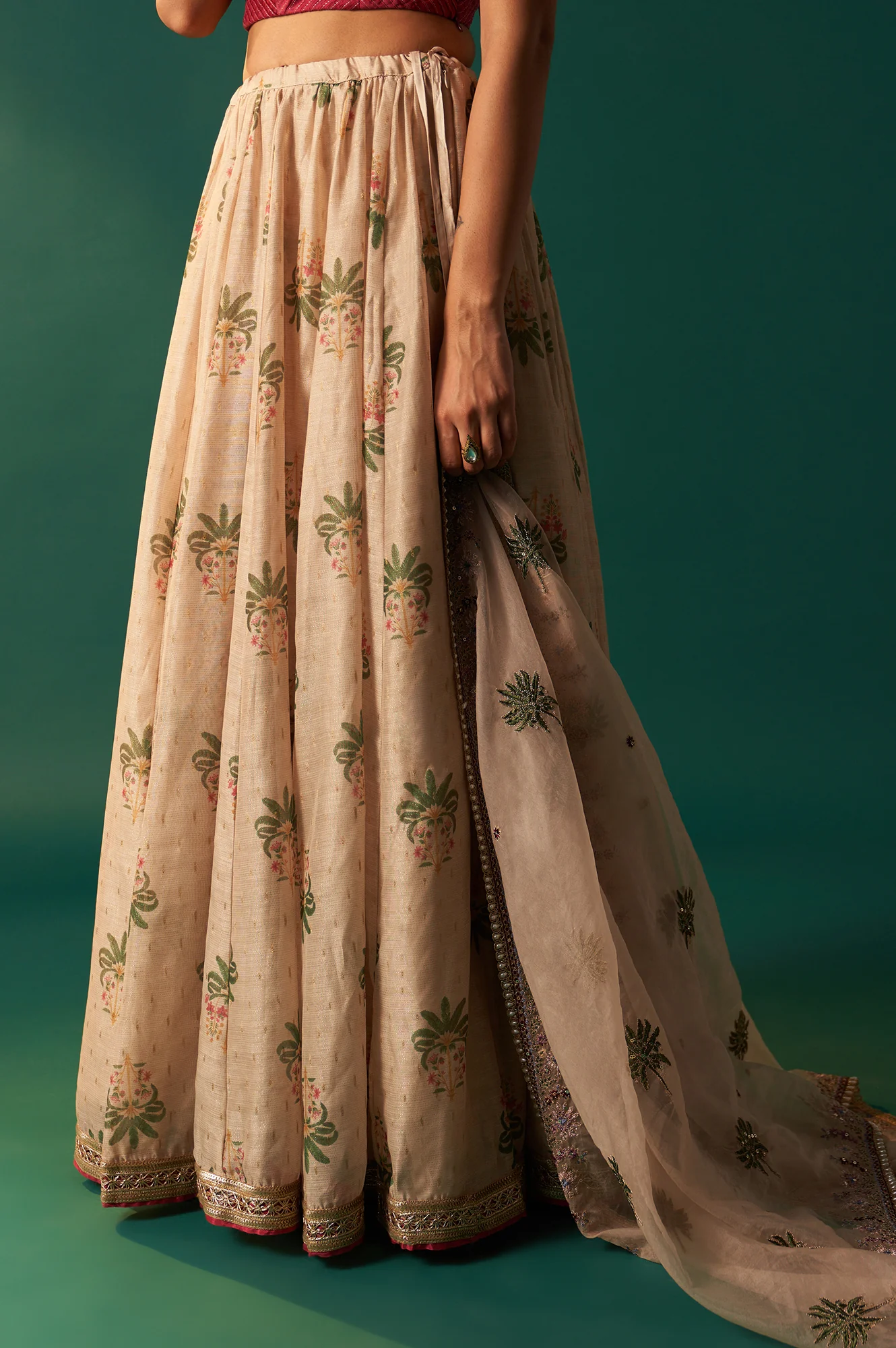 Pink Bead Work Pintuck Blouse with Jacquard Skirt and Dupatta Set - Image 7