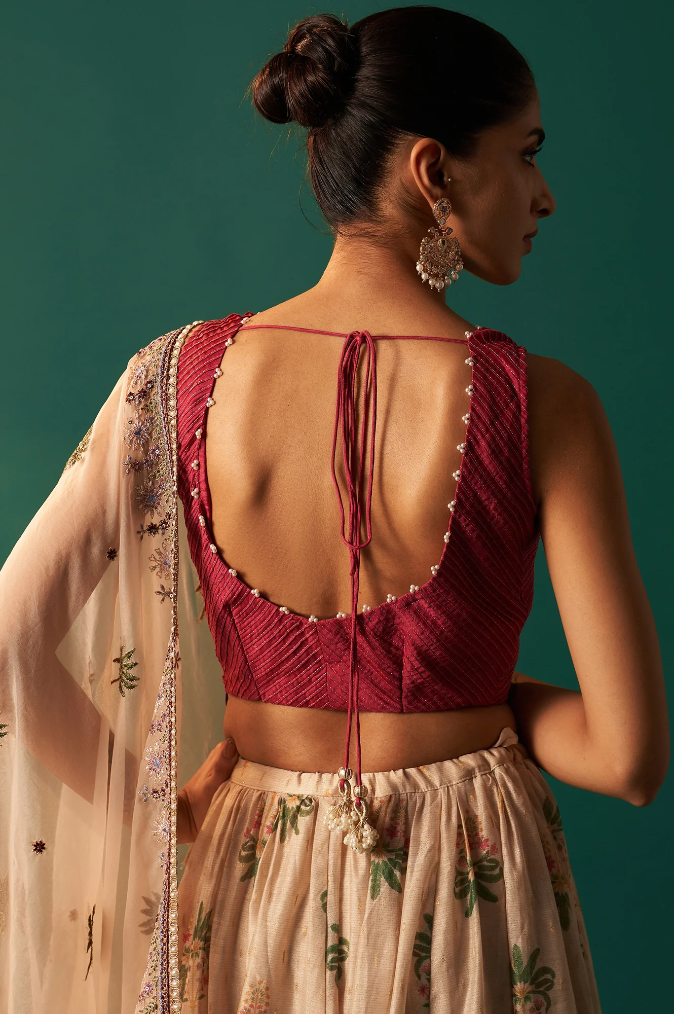 Pink Bead Work Pintuck Blouse with Jacquard Skirt and Dupatta Set - Image 8