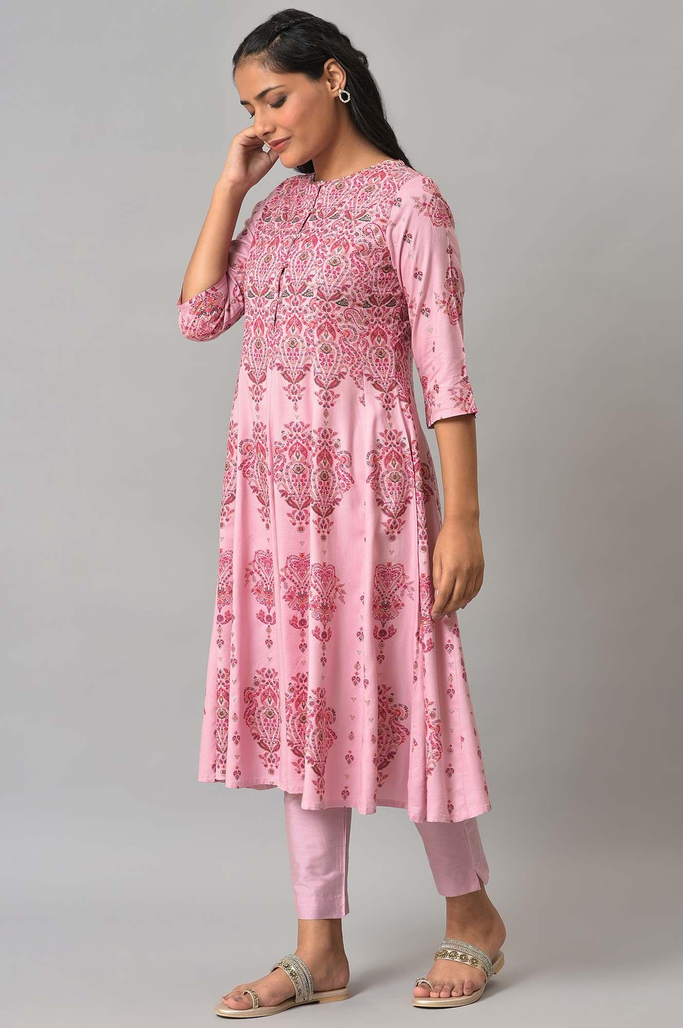 Pink Floral Print kurta With Sequins - Image 3