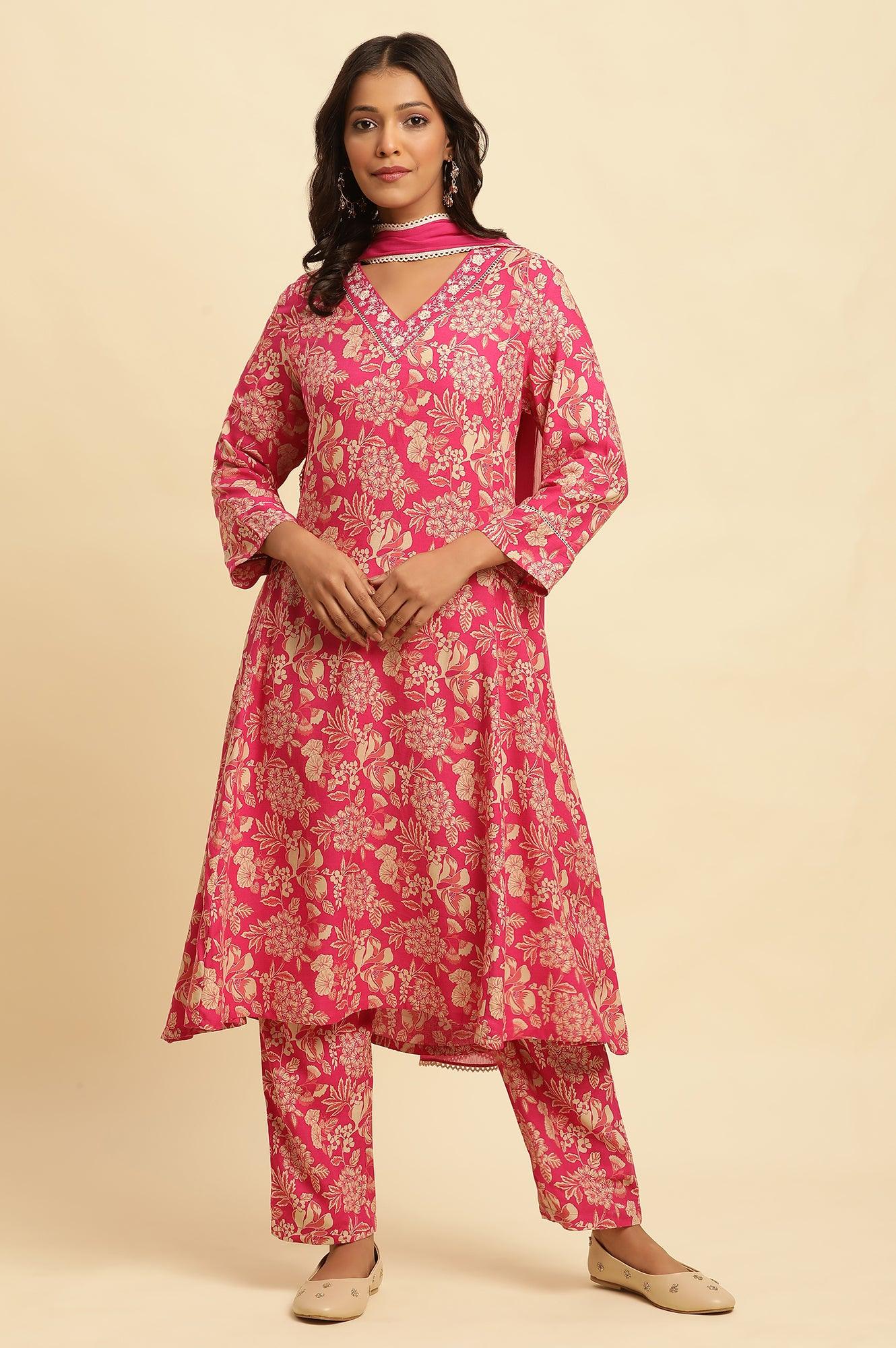 Pink Floral Printed A-Line Kurta, Pants And Dupatta Set - Image 2