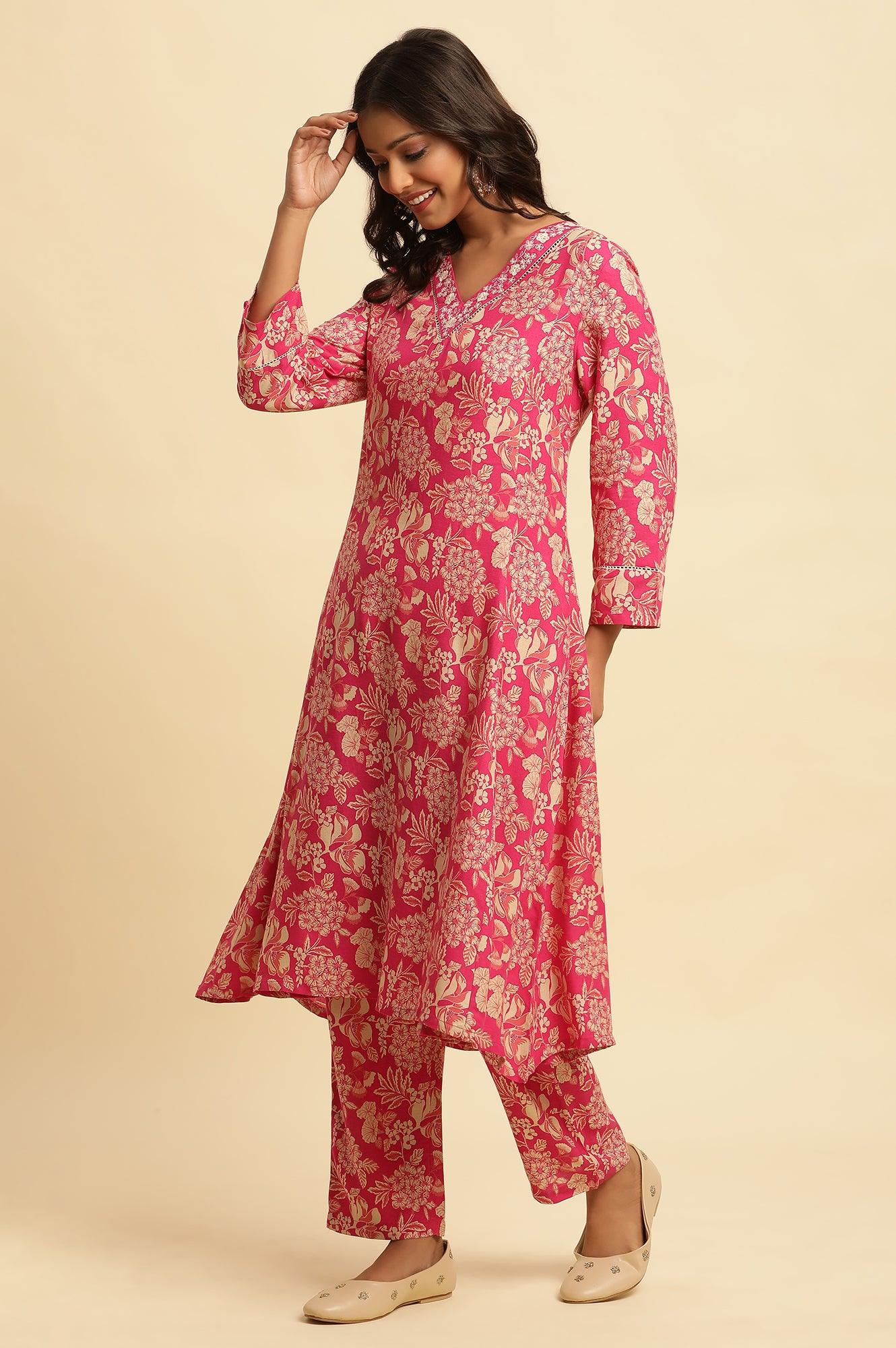 Pink Floral Printed A-Line Kurta, Pants And Dupatta Set - Image 3