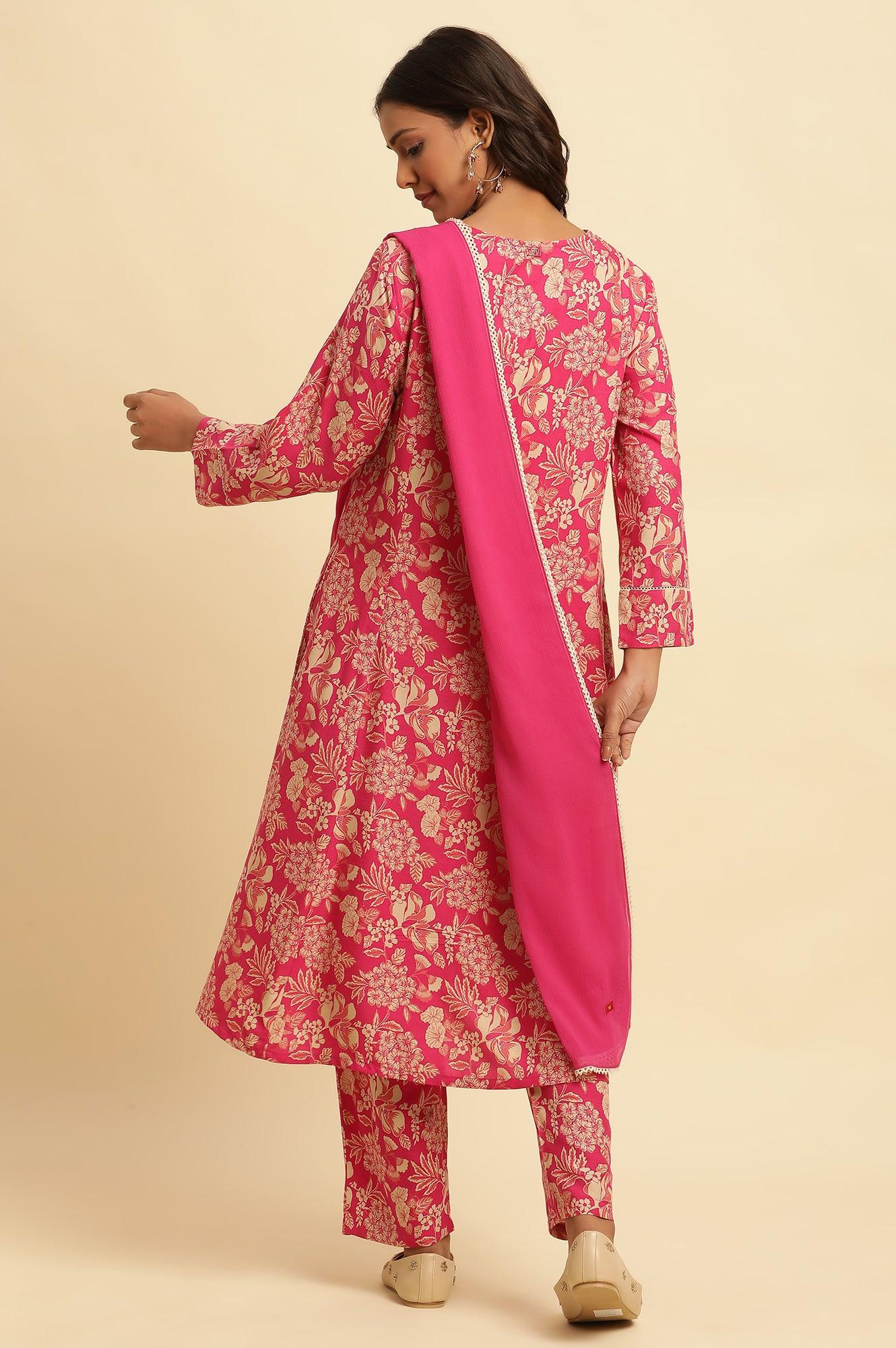 Pink Floral Printed A-Line Kurta, Pants And Dupatta Set - Image 4