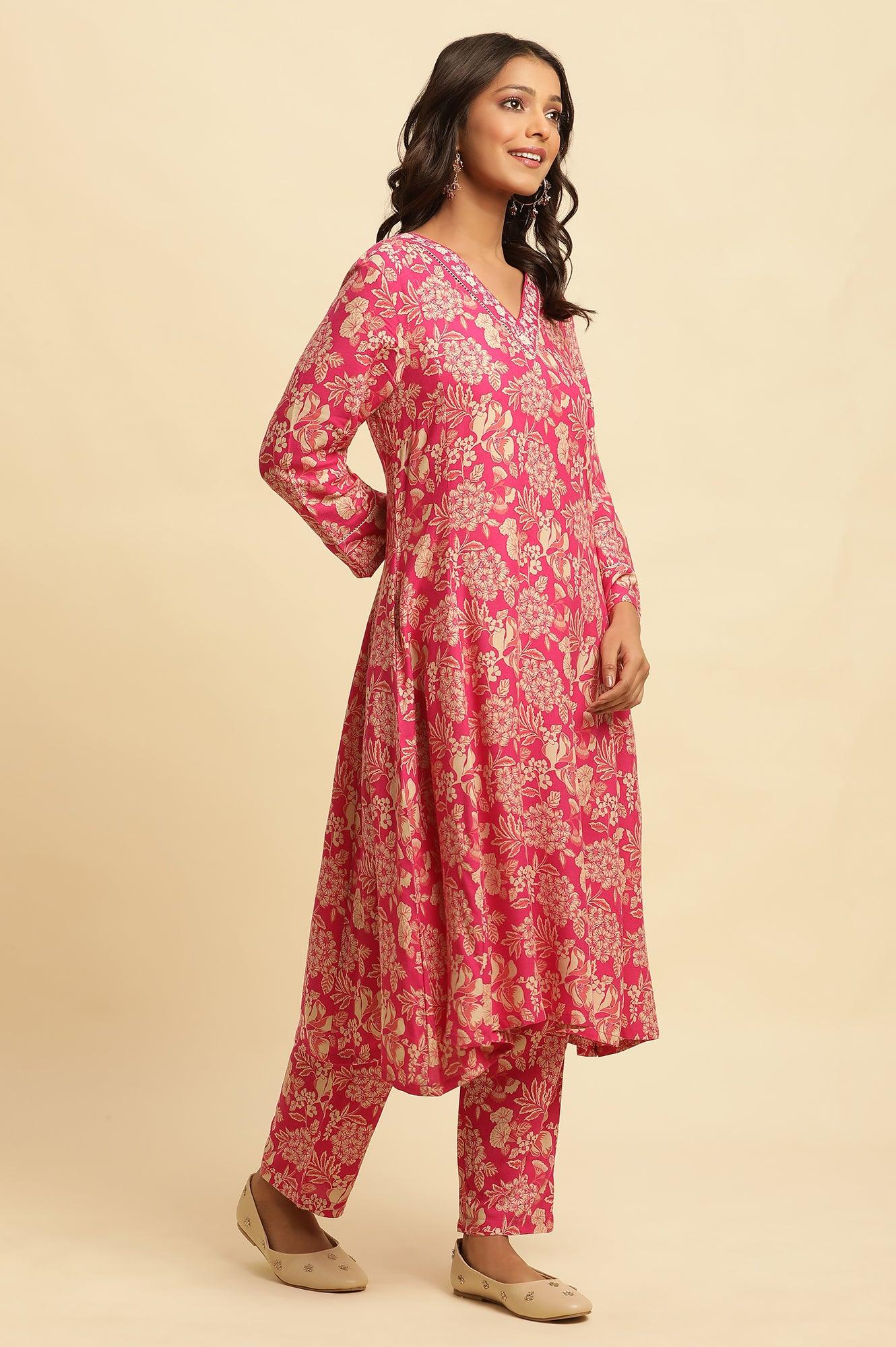 Pink Floral Printed A-Line Kurta, Pants And Dupatta Set - Image 5