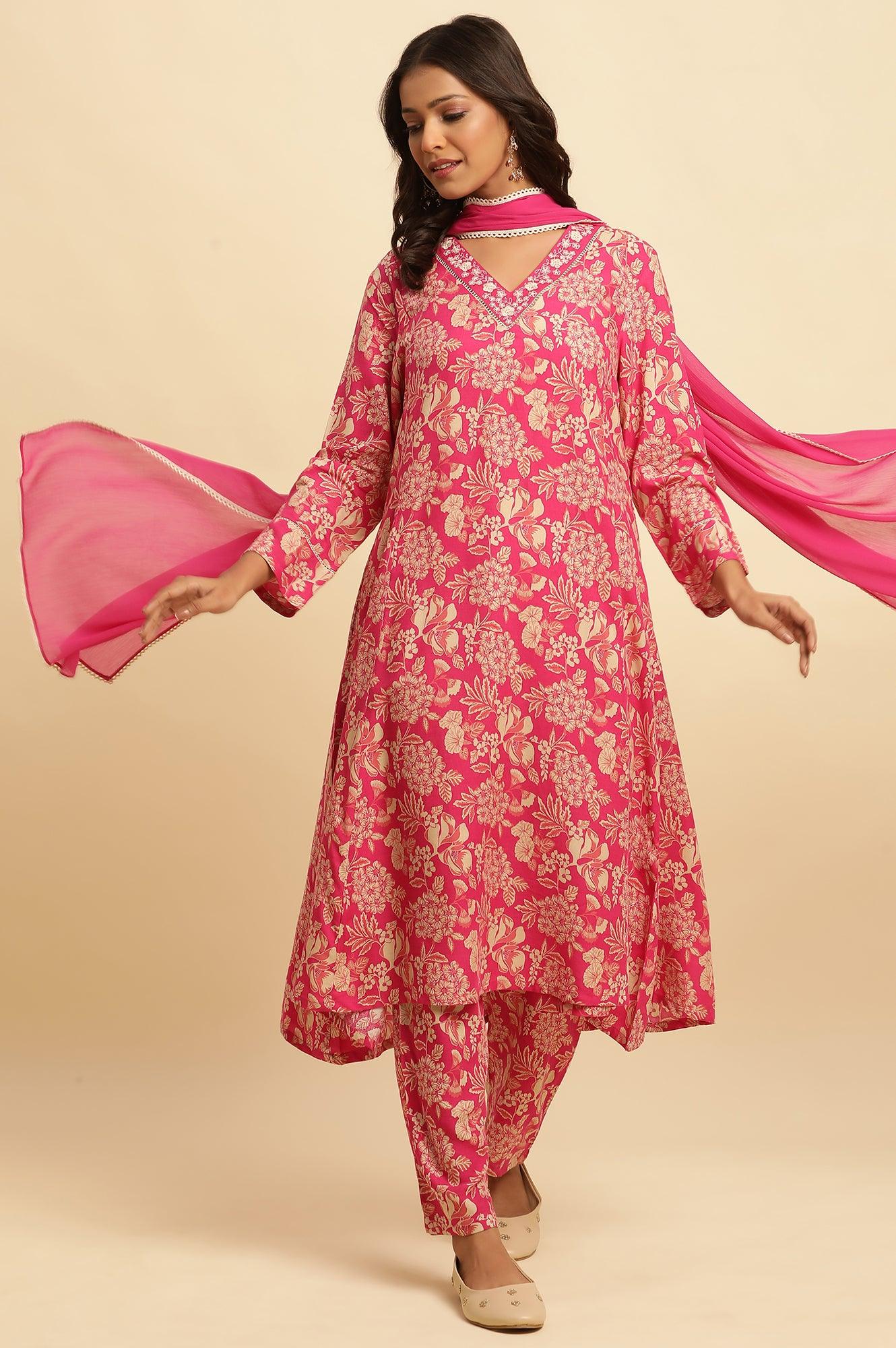 Pink Floral Printed A-Line Kurta, Pants And Dupatta Set - Image 6