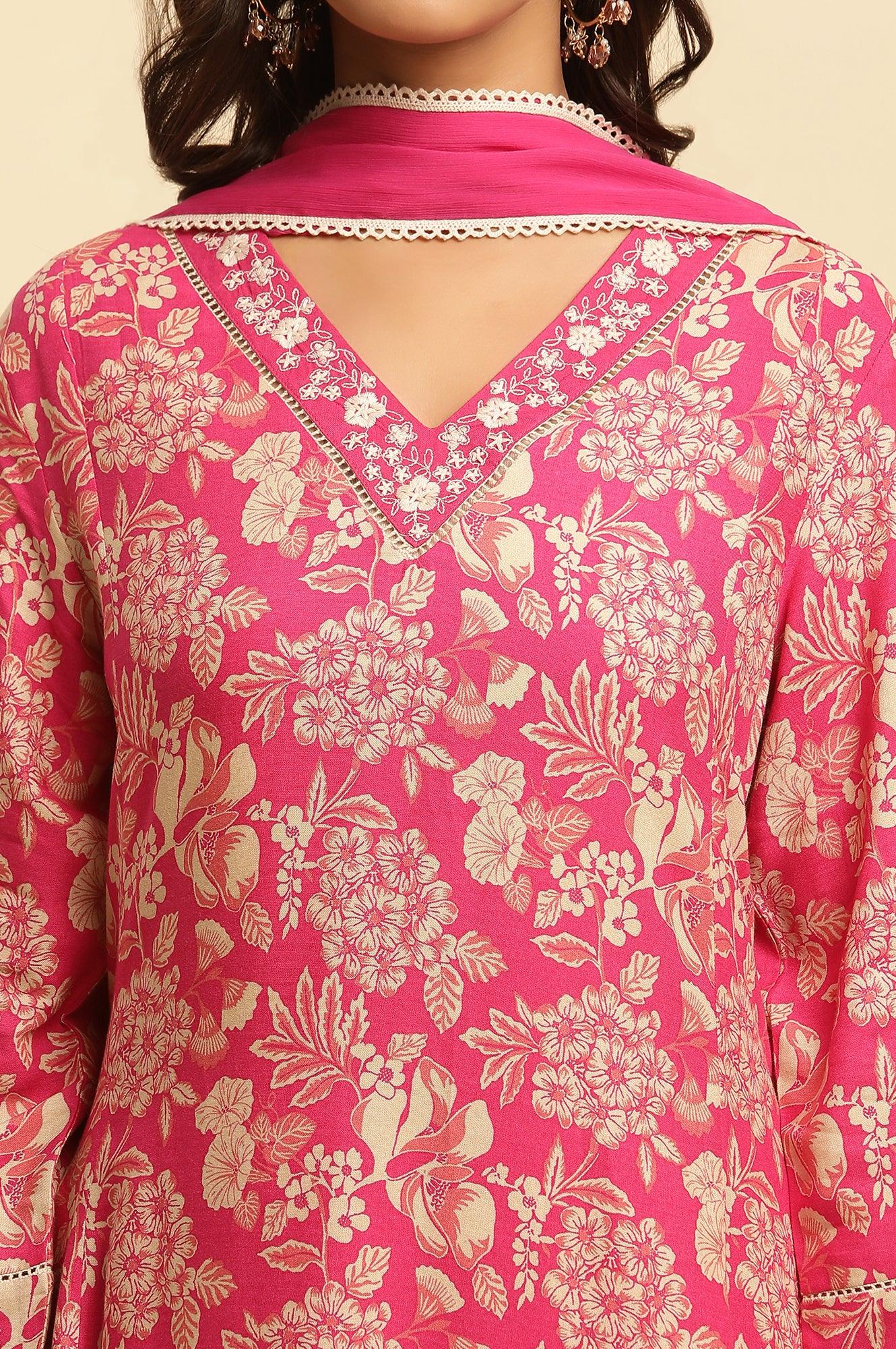 Pink Floral Printed A-Line Kurta, Pants And Dupatta Set - Image 7