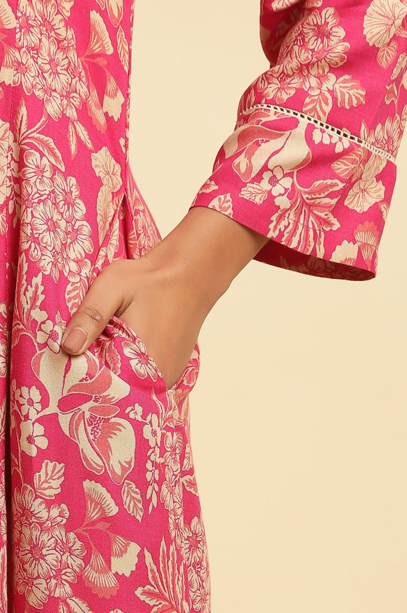 Pink Floral Printed A-Line Kurta, Pants And Dupatta Set - Image 8