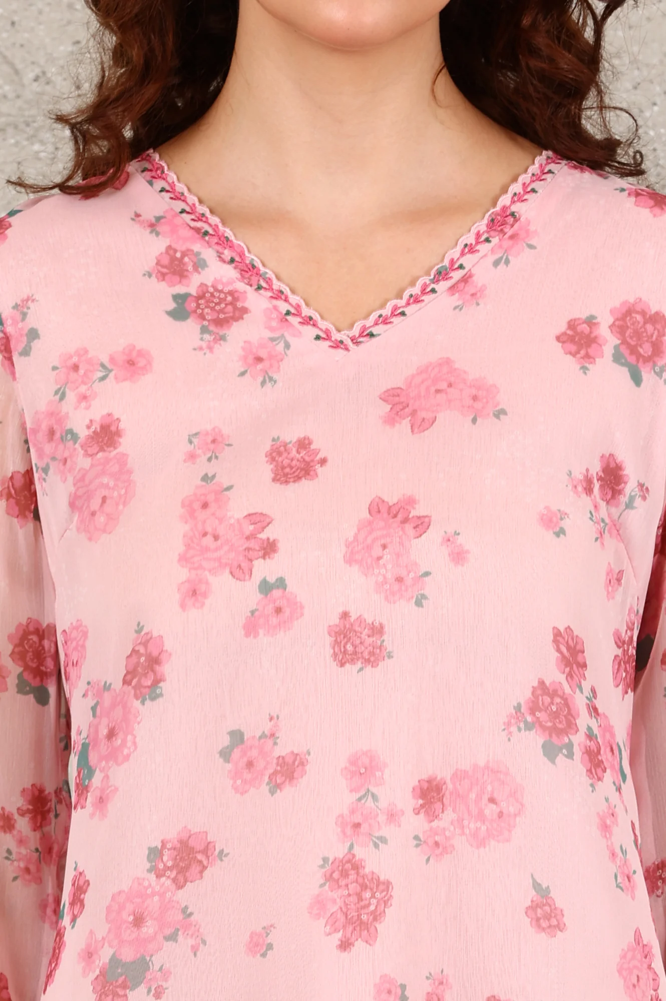 Pink Floral Printed Chiffon Top With Embroidered Neck - Image 3