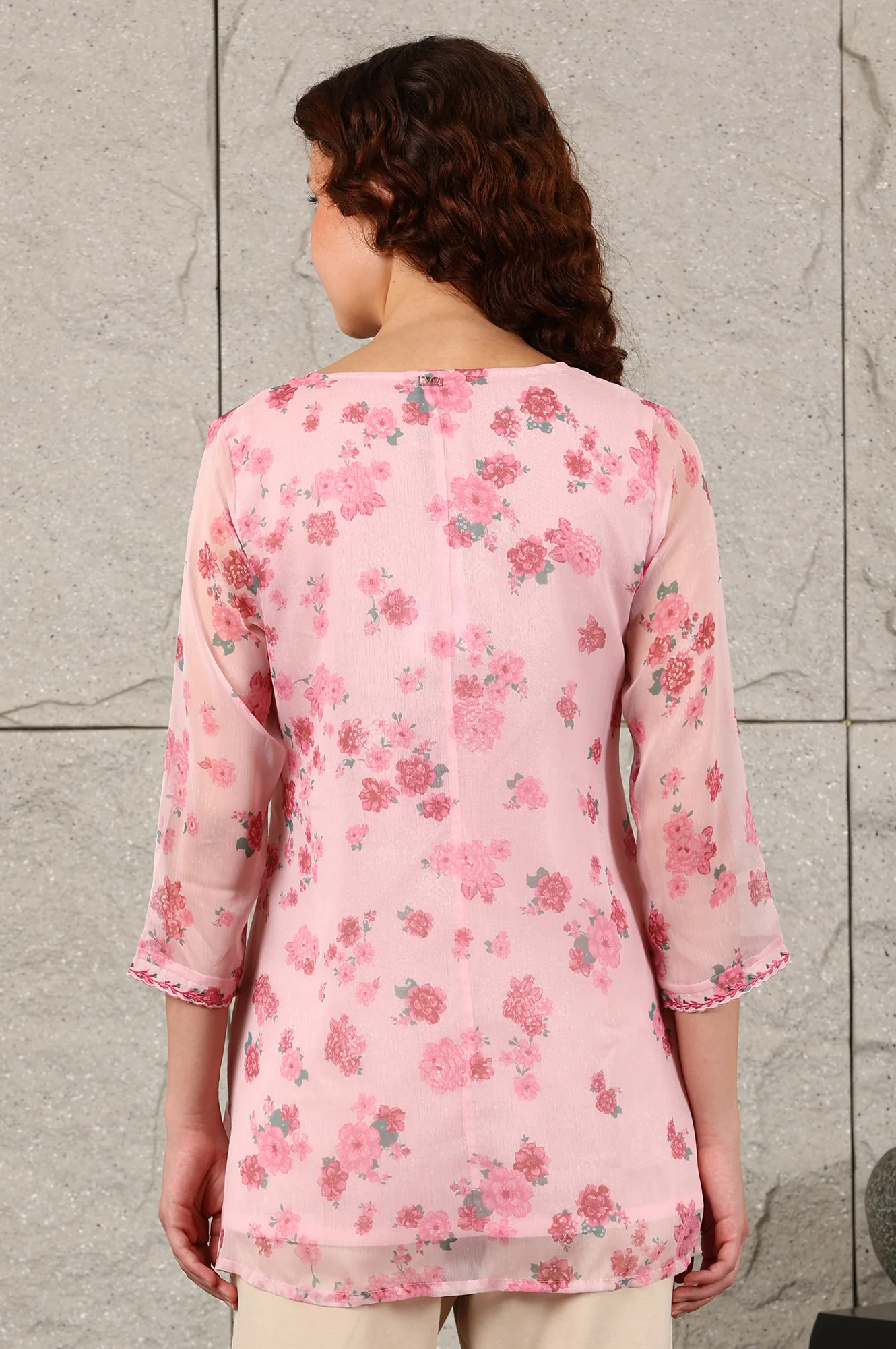 Pink Floral Printed Chiffon Top With Embroidered Neck - Image 5