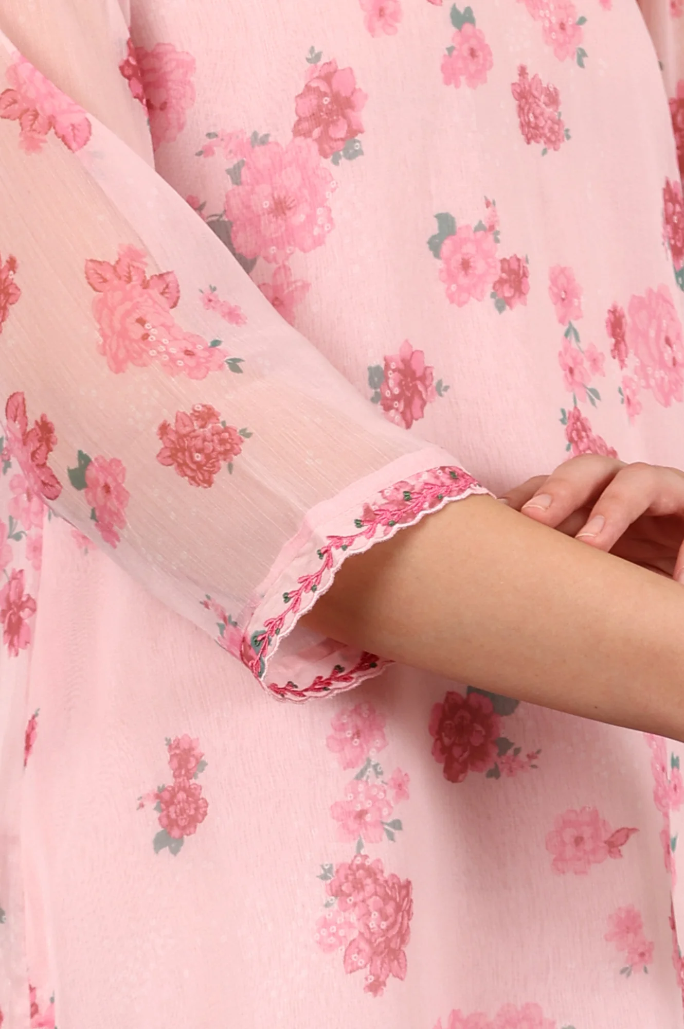 Pink Floral Printed Chiffon Top With Embroidered Neck - Image 7