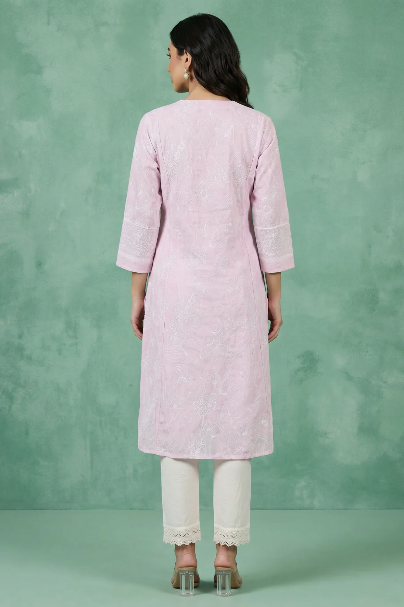 Pink Floral Printed Chikankari Embroidered Kota Straight Kurta - Image 5