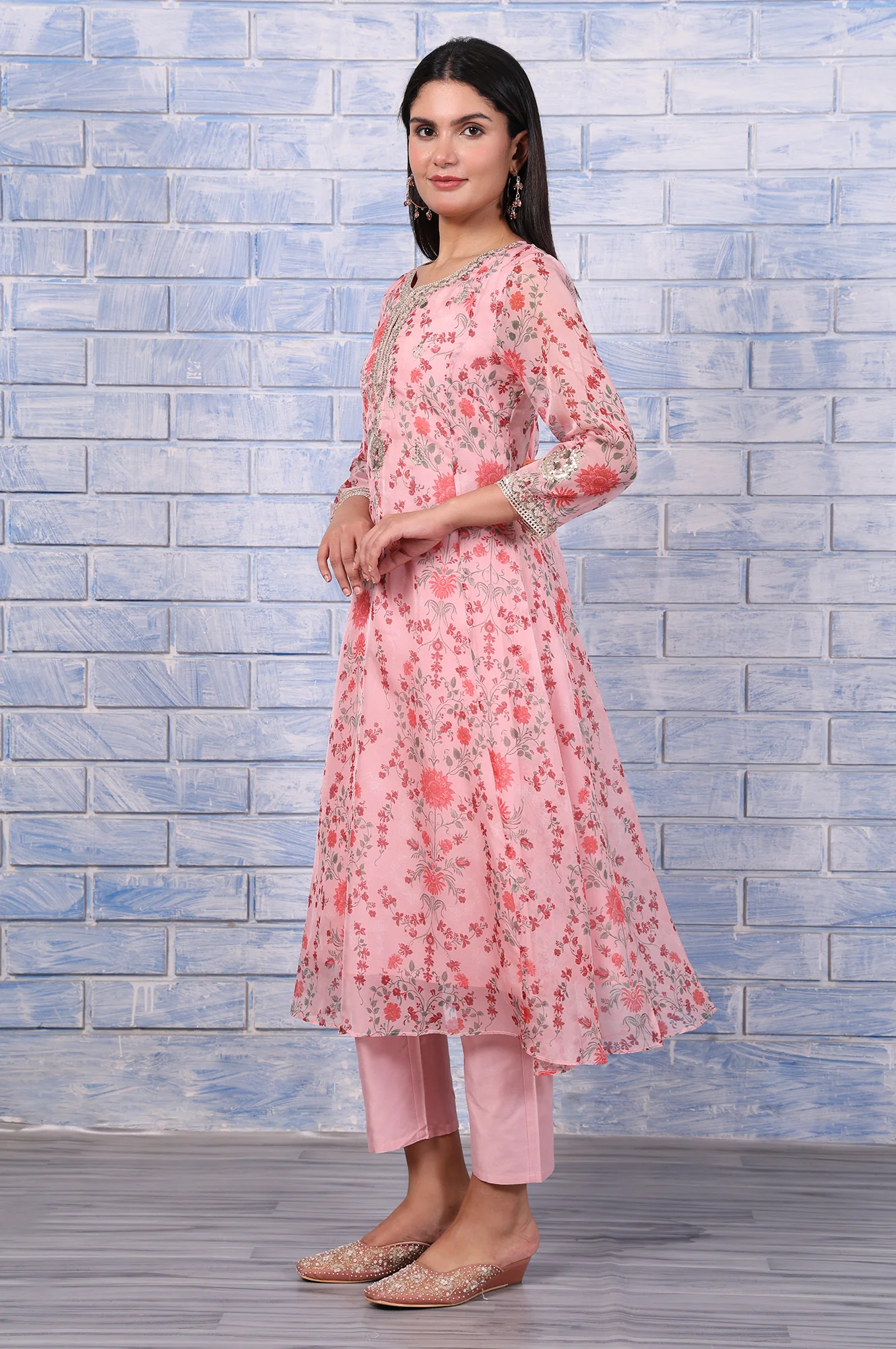 Pink Floral Printed Dori Embroidered Organza Flared Kurta, Straight Pant And Dupatta Set - Image 4