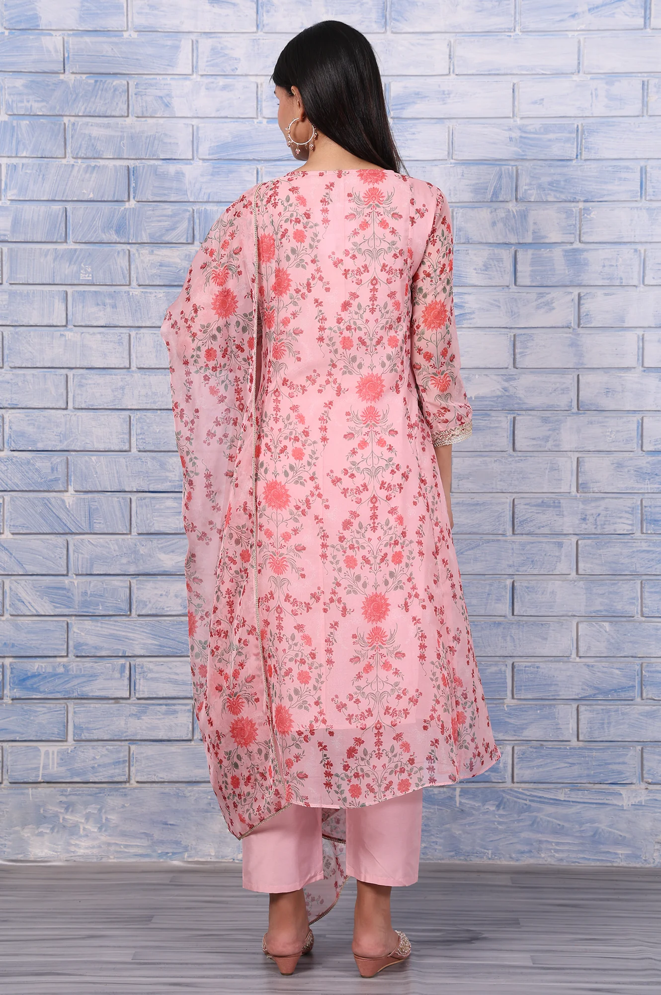 Pink Floral Printed Dori Embroidered Organza Flared Kurta, Straight Pant And Dupatta Set - Image 5
