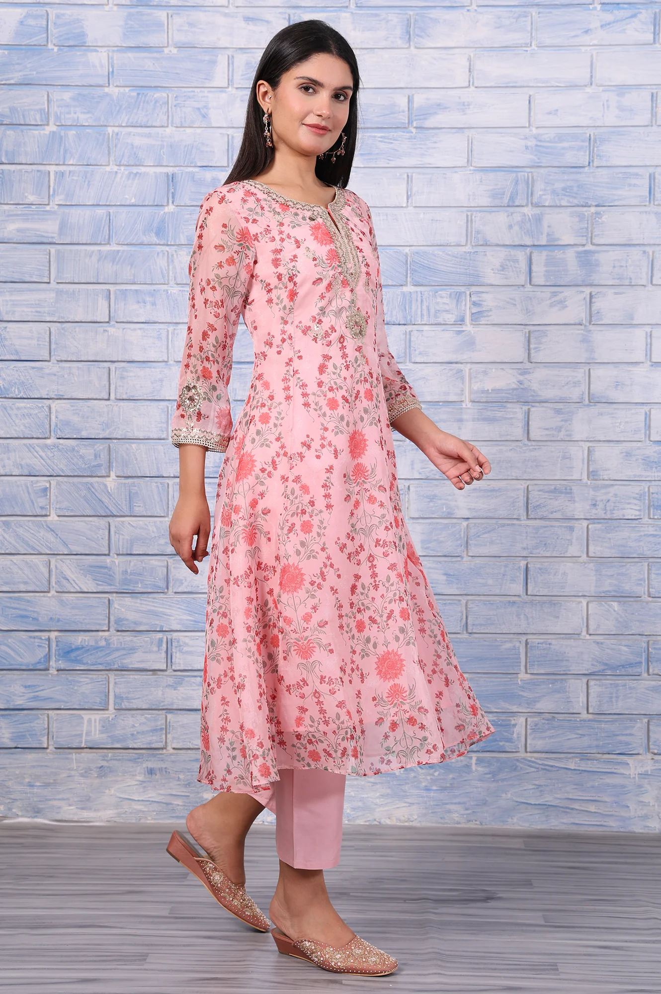 Pink Floral Printed Dori Embroidered Organza Flared Kurta, Straight Pant And Dupatta Set - Image 6