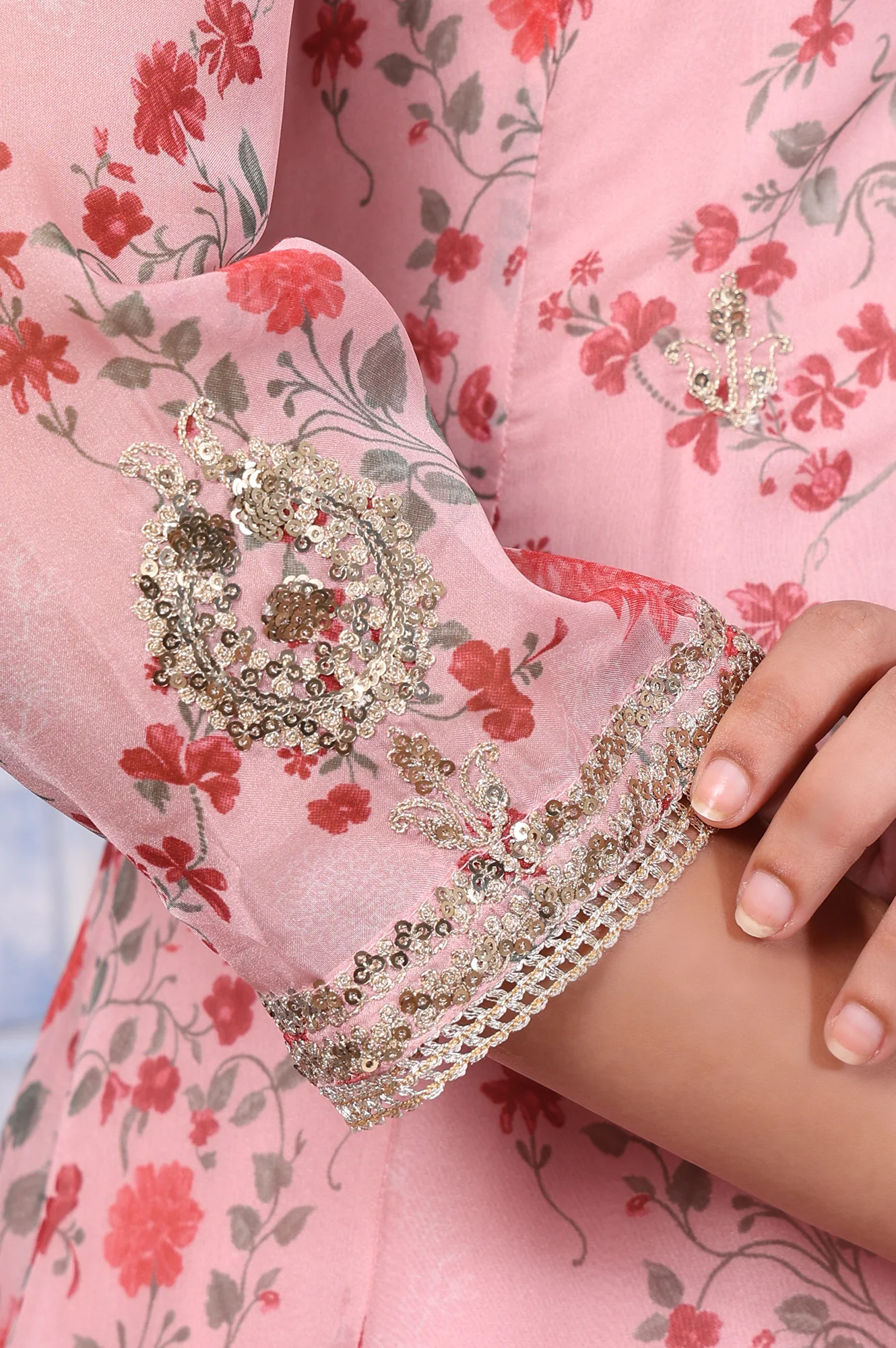 Pink Floral Printed Dori Embroidered Organza Flared Kurta, Straight Pant And Dupatta Set - Image 7