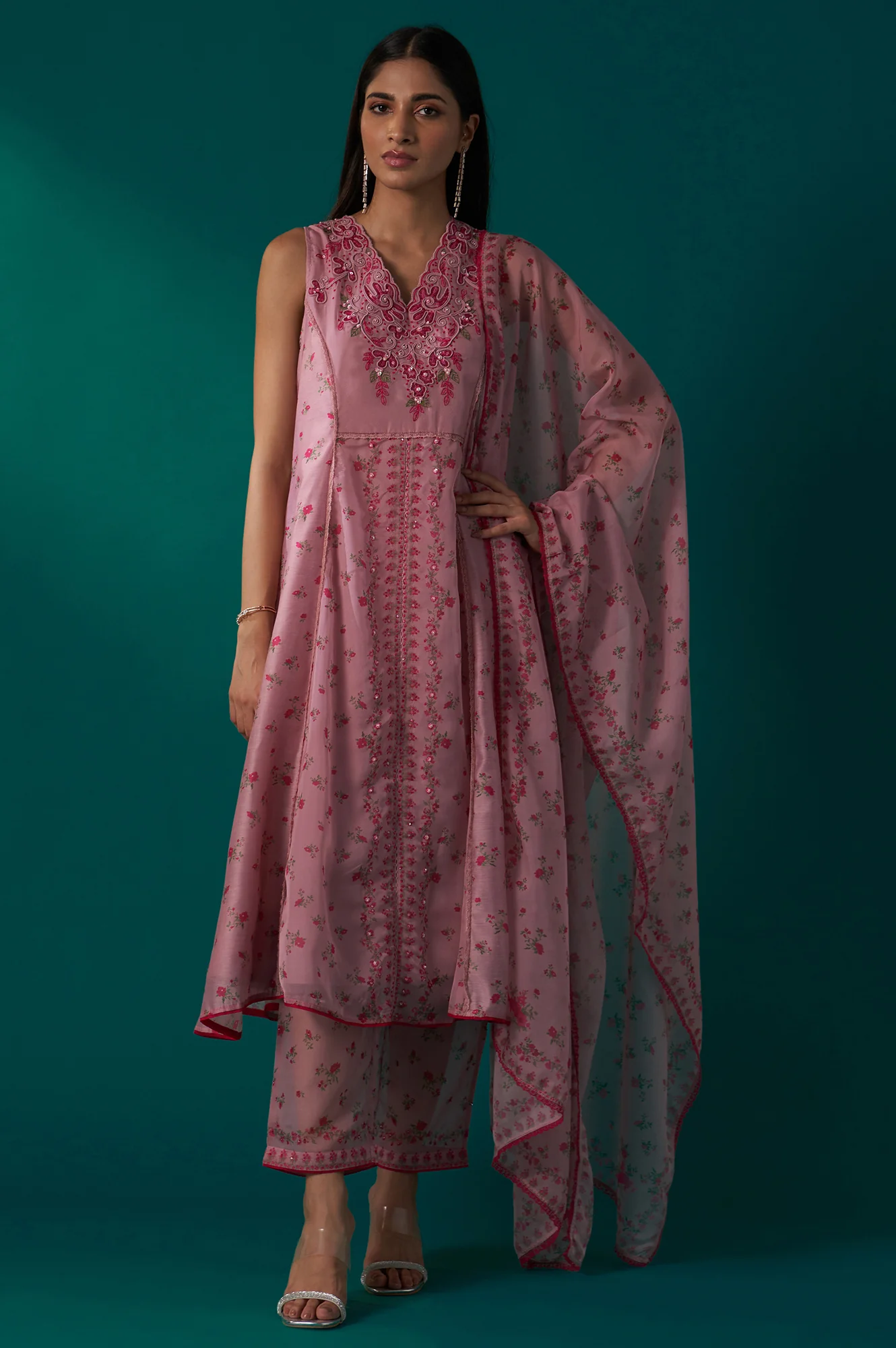 Pink Floral Printed Dori Embroidered Sleeveless Flared Kurta, Pants and Dupatta Set - Image 2