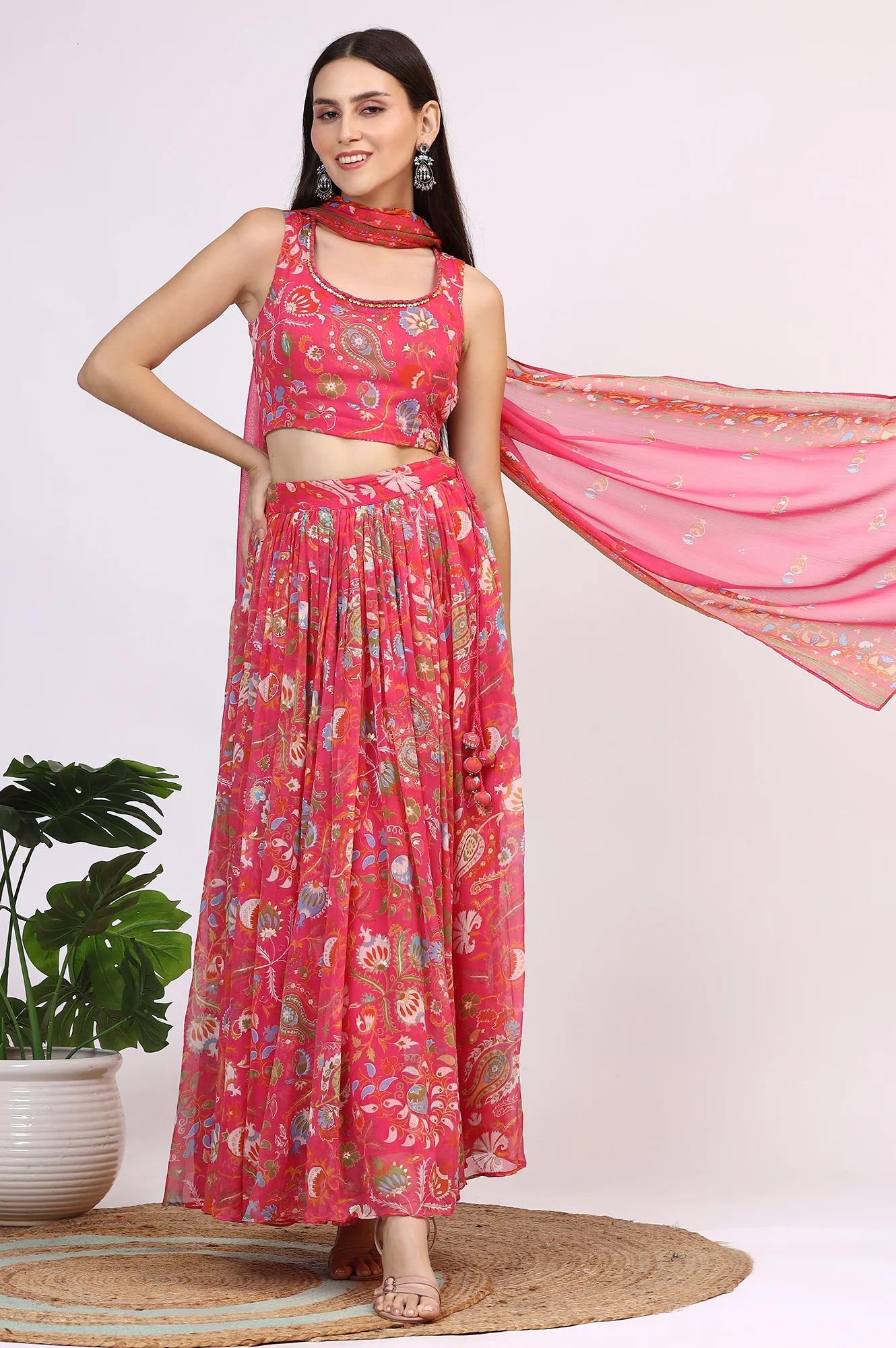 Pink Floral Printed Embellished Chiffon Sleeveless Crop Top, Skirt and Dupatta Set - Image 2