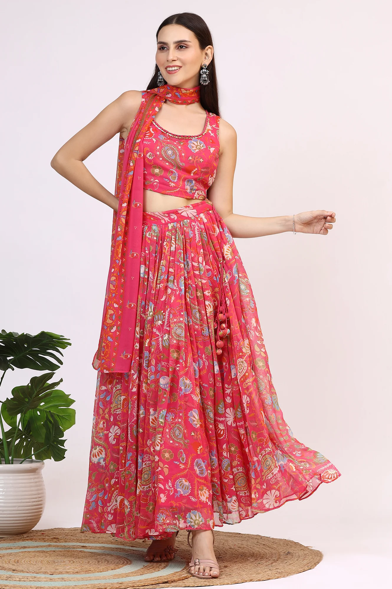 Pink Floral Printed Embellished Chiffon Sleeveless Crop Top, Skirt and Dupatta Set - Image 3