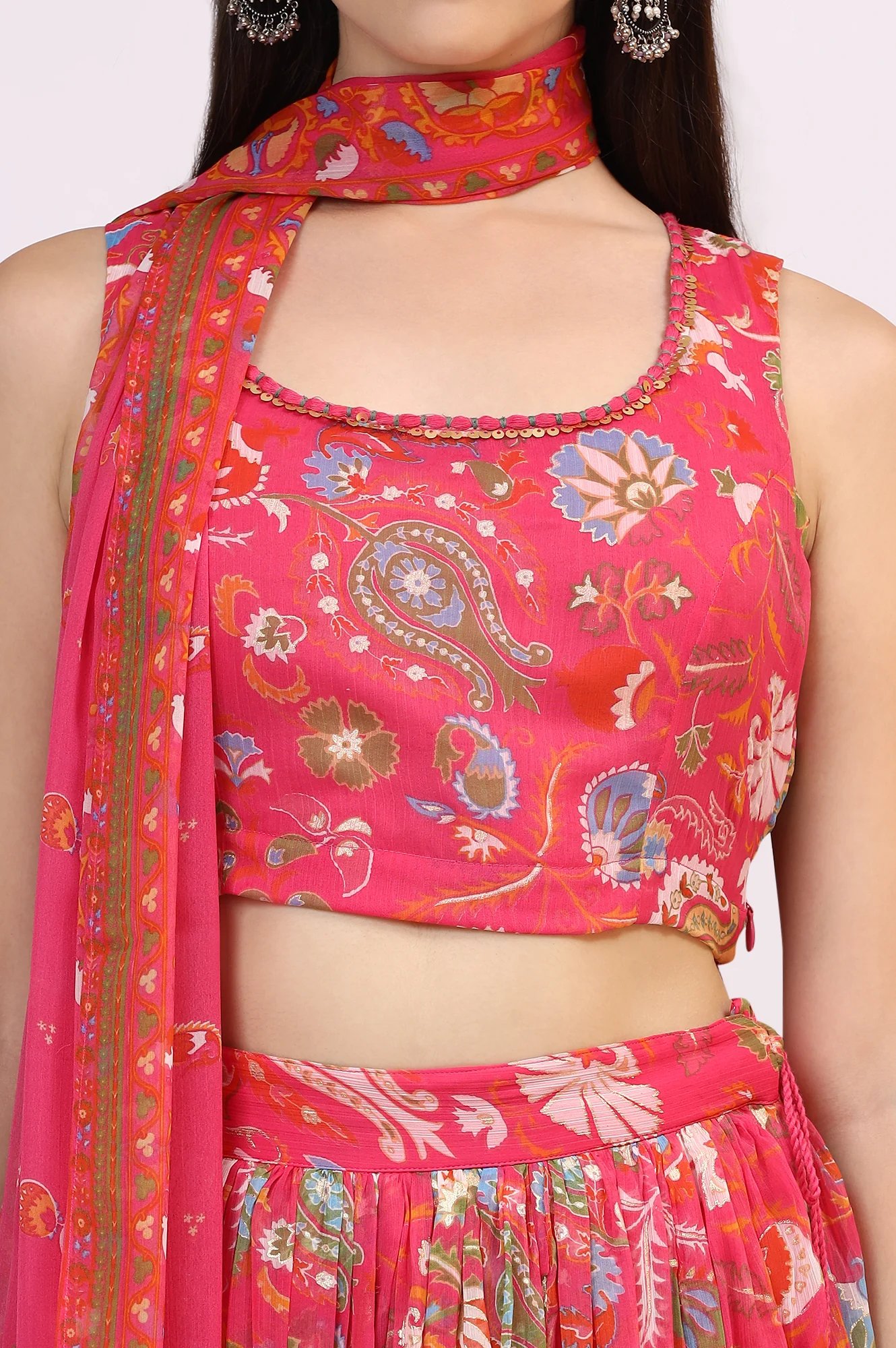 Pink Floral Printed Embellished Chiffon Sleeveless Crop Top, Skirt and Dupatta Set - Image 4
