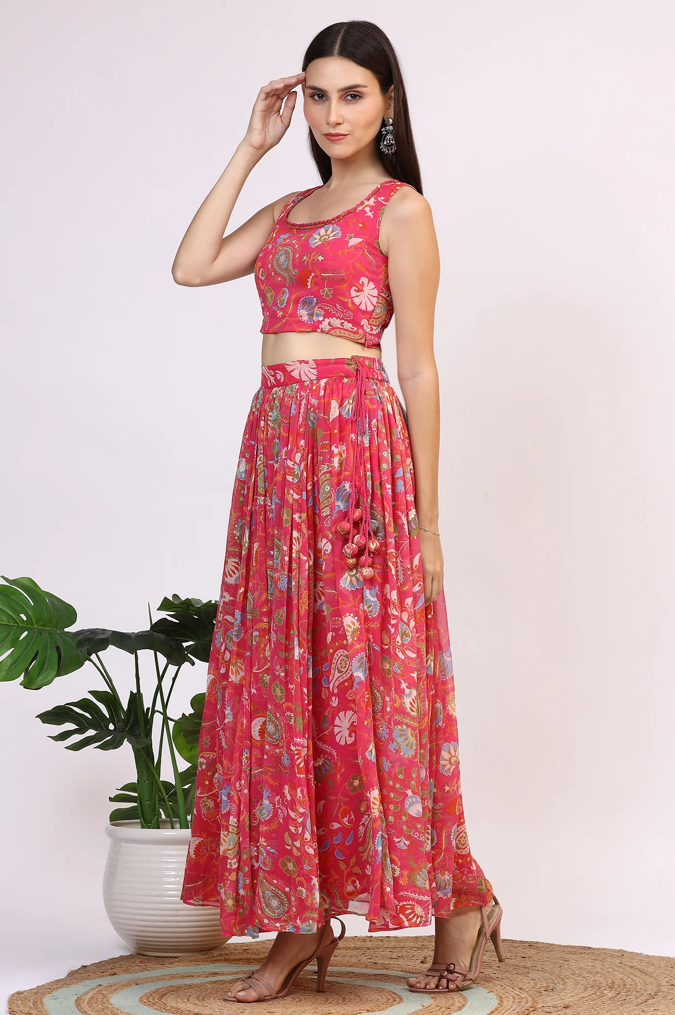 Pink Floral Printed Embellished Chiffon Sleeveless Crop Top, Skirt and Dupatta Set - Image 5