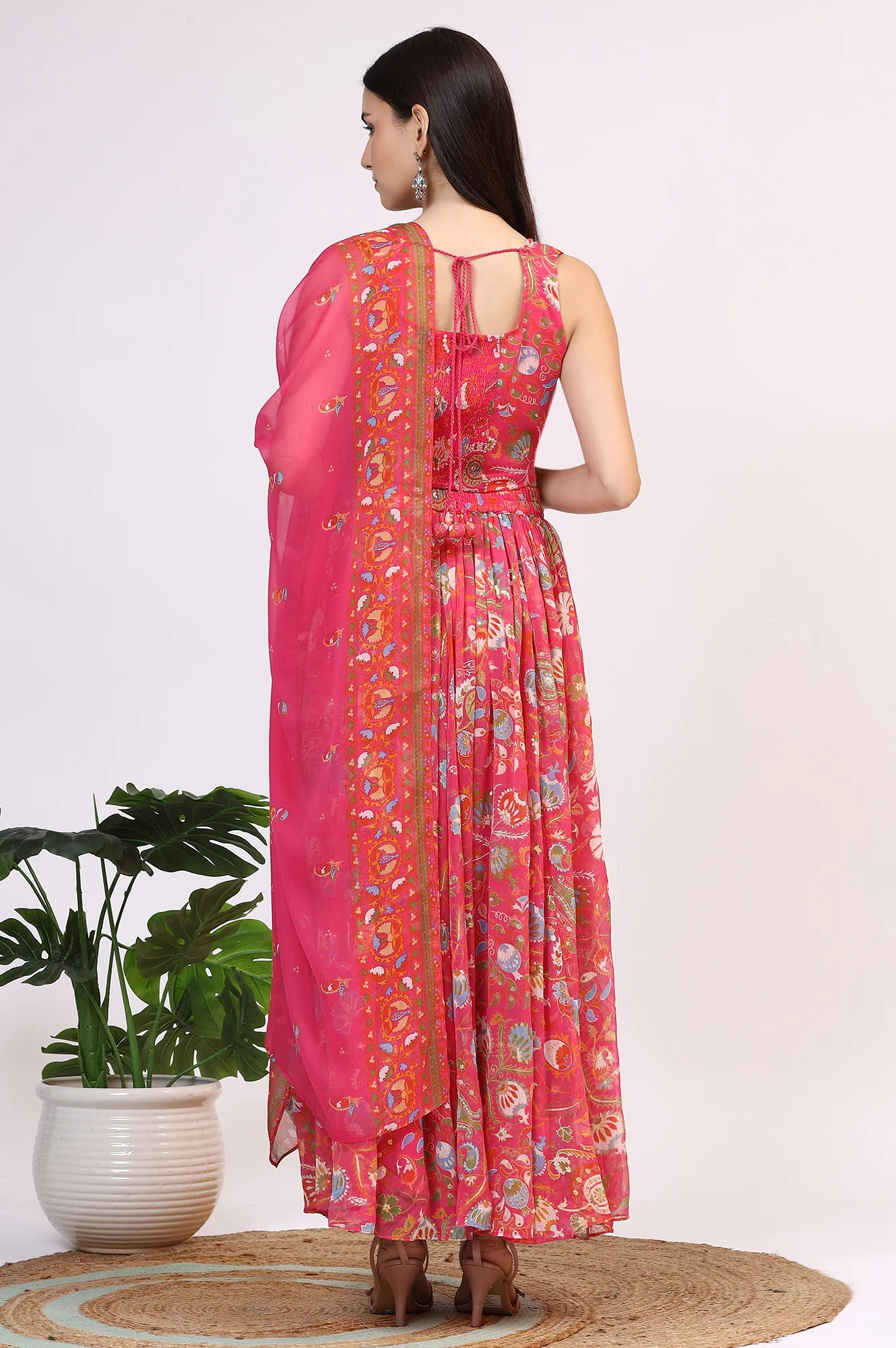 Pink Floral Printed Embellished Chiffon Sleeveless Crop Top, Skirt and Dupatta Set - Image 6