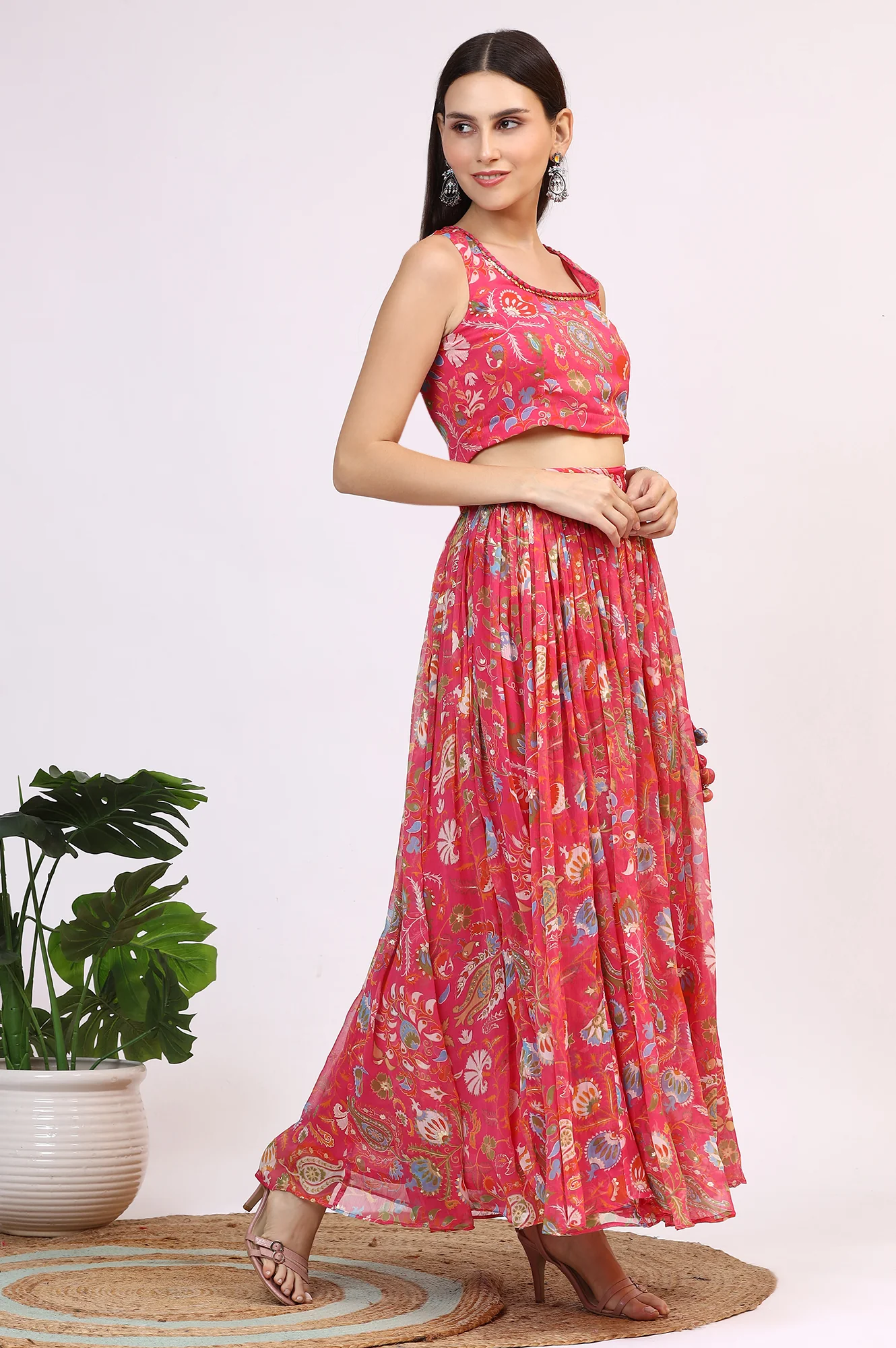 Pink Floral Printed Embellished Chiffon Sleeveless Crop Top, Skirt and Dupatta Set - Image 7