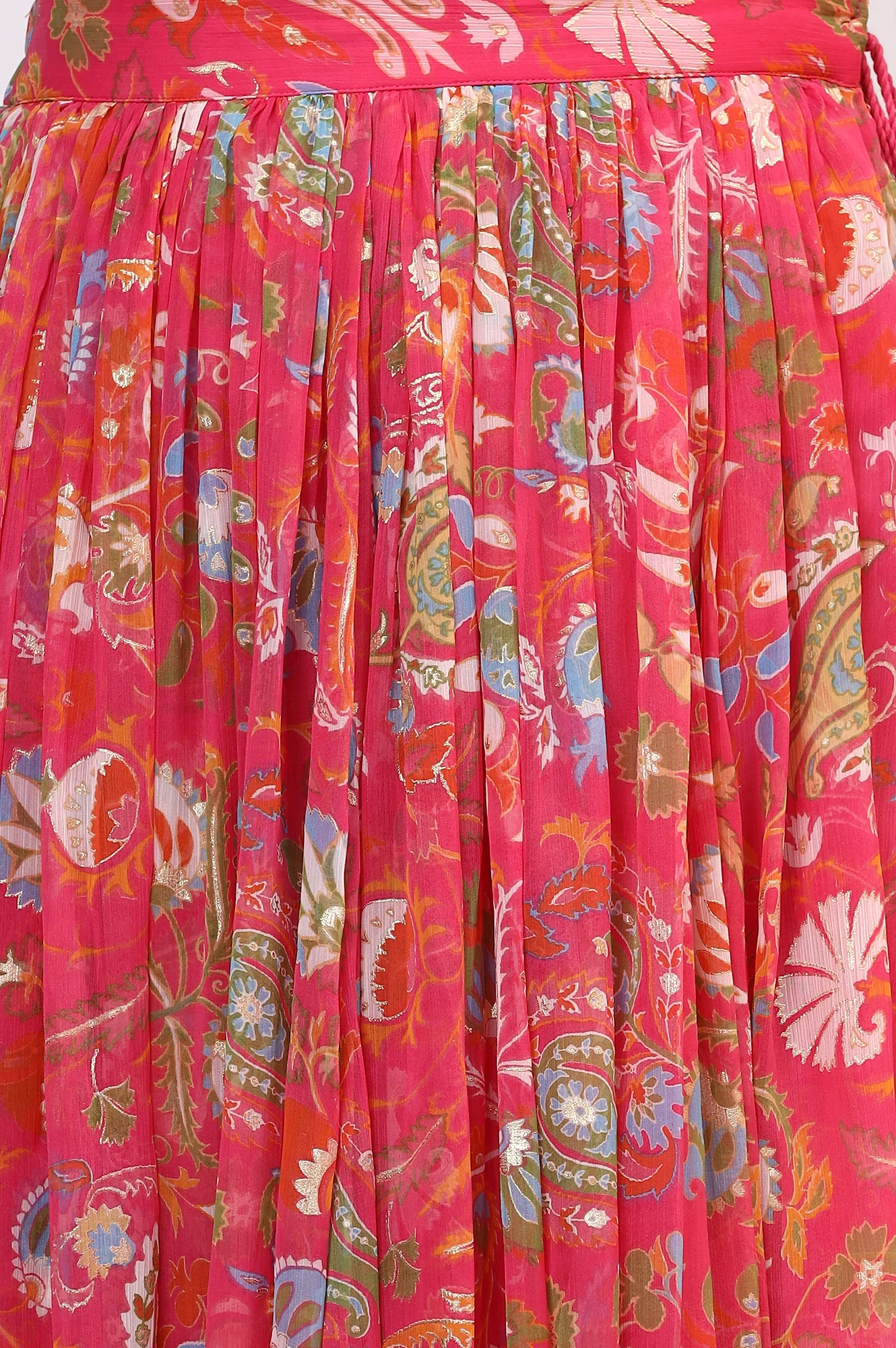 Pink Floral Printed Embellished Chiffon Sleeveless Crop Top, Skirt and Dupatta Set - Image 8