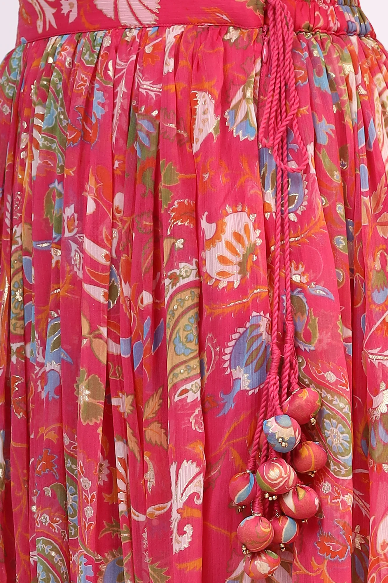 Pink Floral Printed Embellished Chiffon Sleeveless Crop Top, Skirt and Dupatta Set - Image 9