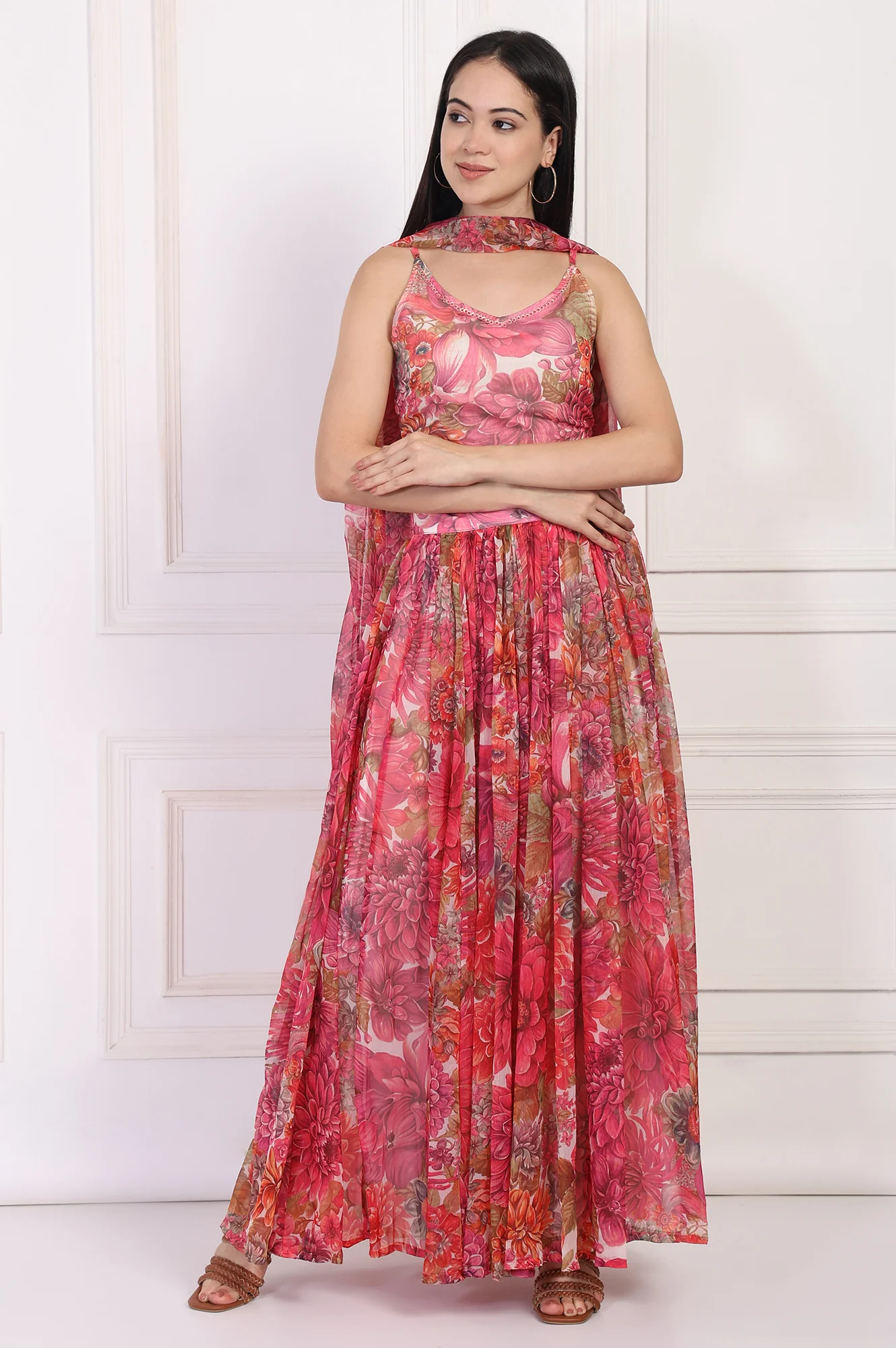 Pink Bold Floral Printed Embellished Georgette Spaghetti Crop Top with Flared Skirt and Dupatta Set - Image 2