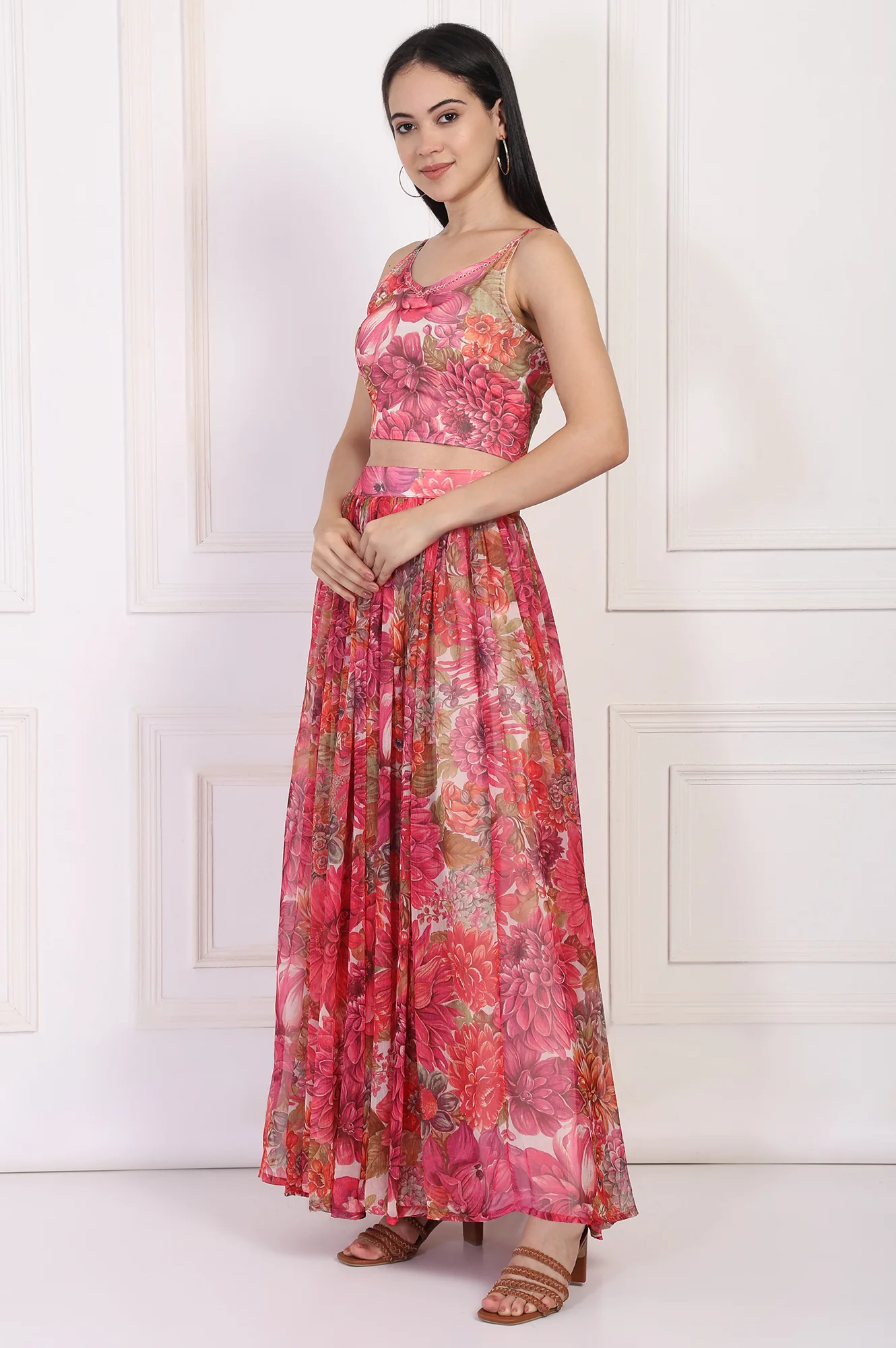 Pink Bold Floral Printed Embellished Georgette Spaghetti Crop Top with Flared Skirt and Dupatta Set - Image 4
